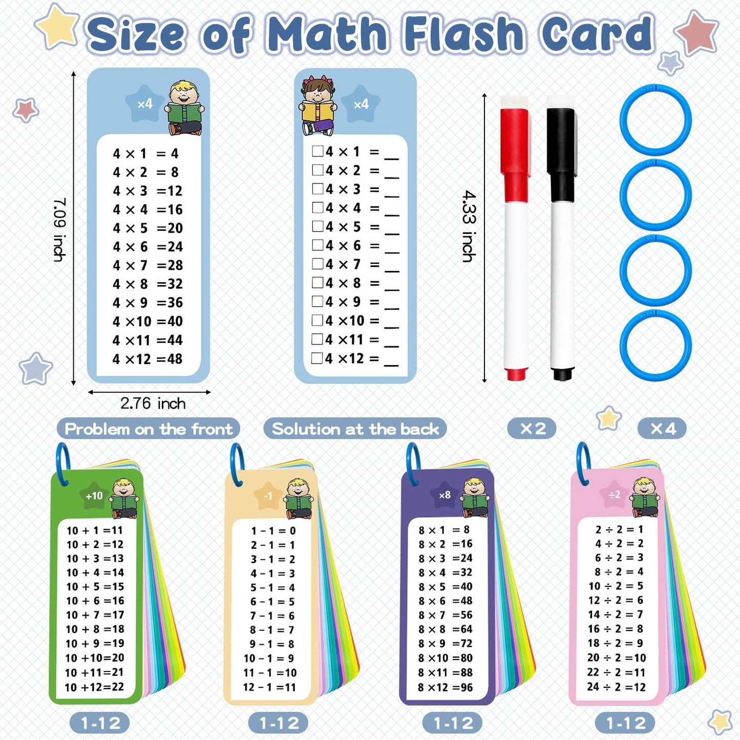 Anemeeoke 30Pack Multi Math Flash Cards, Multiplication Division Flashcard, with 2 Dry Erase Markers, 2 Rings, Educational Times Table Flashcards for Classroom Home