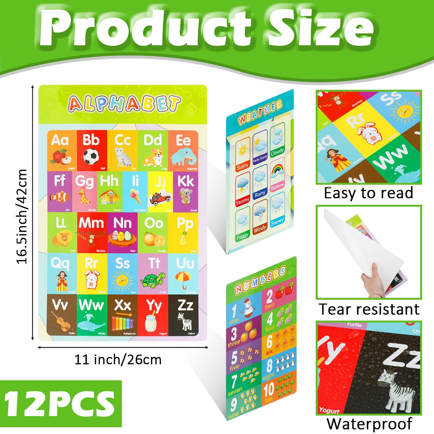 Educational Posters for Elementary Preschool Kindergarten Classroom Learning, Preschool Learning Posters for ABC Alphabet, Time, Number, Months, Colors, Weather, Galaxies , Animals, More, 16.5x11 Inch(12P Style C)