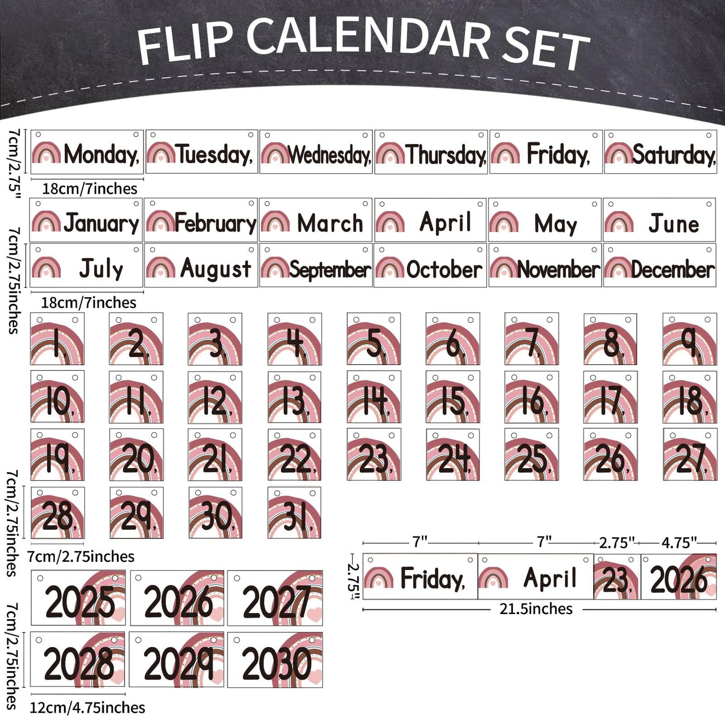 Flip Calendar Bulletin Board Set Classroom Decorations for Whiteboard with Adjustable Flip Calendar Rod Holder Date Cards Days of The Week for Classroom School Supplies(Boho)