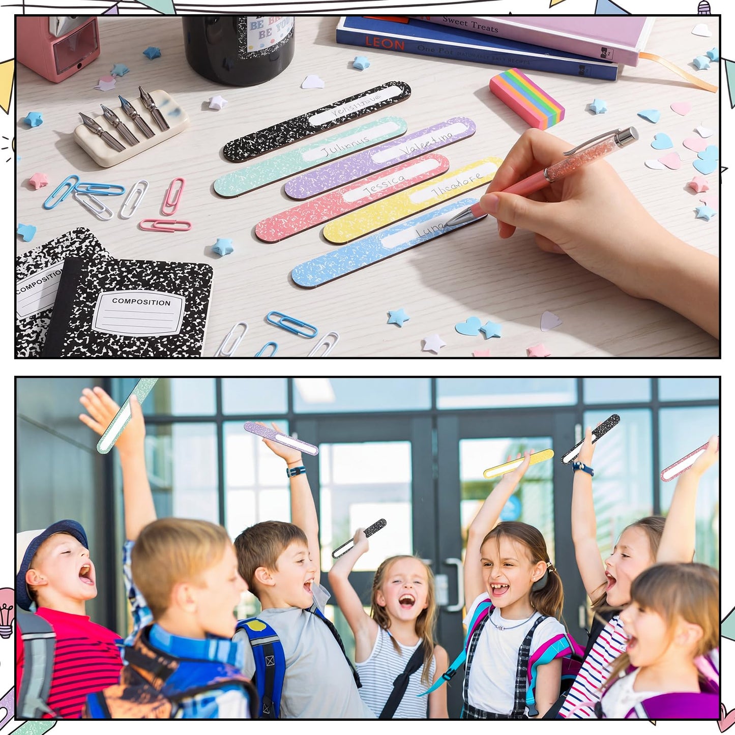 Glenmal 36 Pcs Composition Book Flip Name Sticks for Classroom with Strage Box Multicolor Talking Flip Name Sticks for Teacher Essentials Grouping Learning Activies Student Educational Back to School
