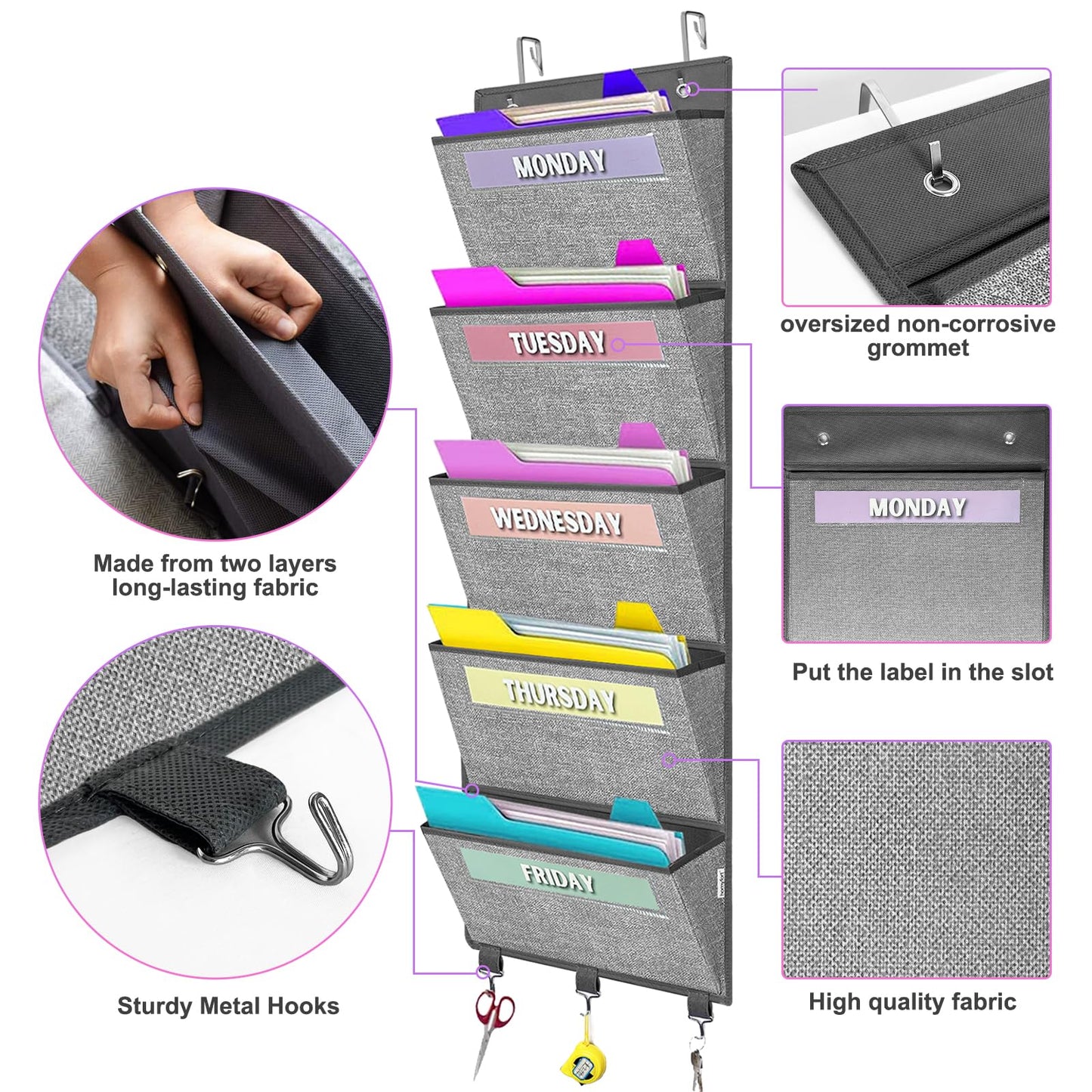 homyfort Over the Door hanging File Organizer, Weekly Hanging File Folders, Wall Organizers and Storage for Mail, Magazine, Notebooks, Office, Classroom, 5 Large Pockets, 50.39” Tall, Grey