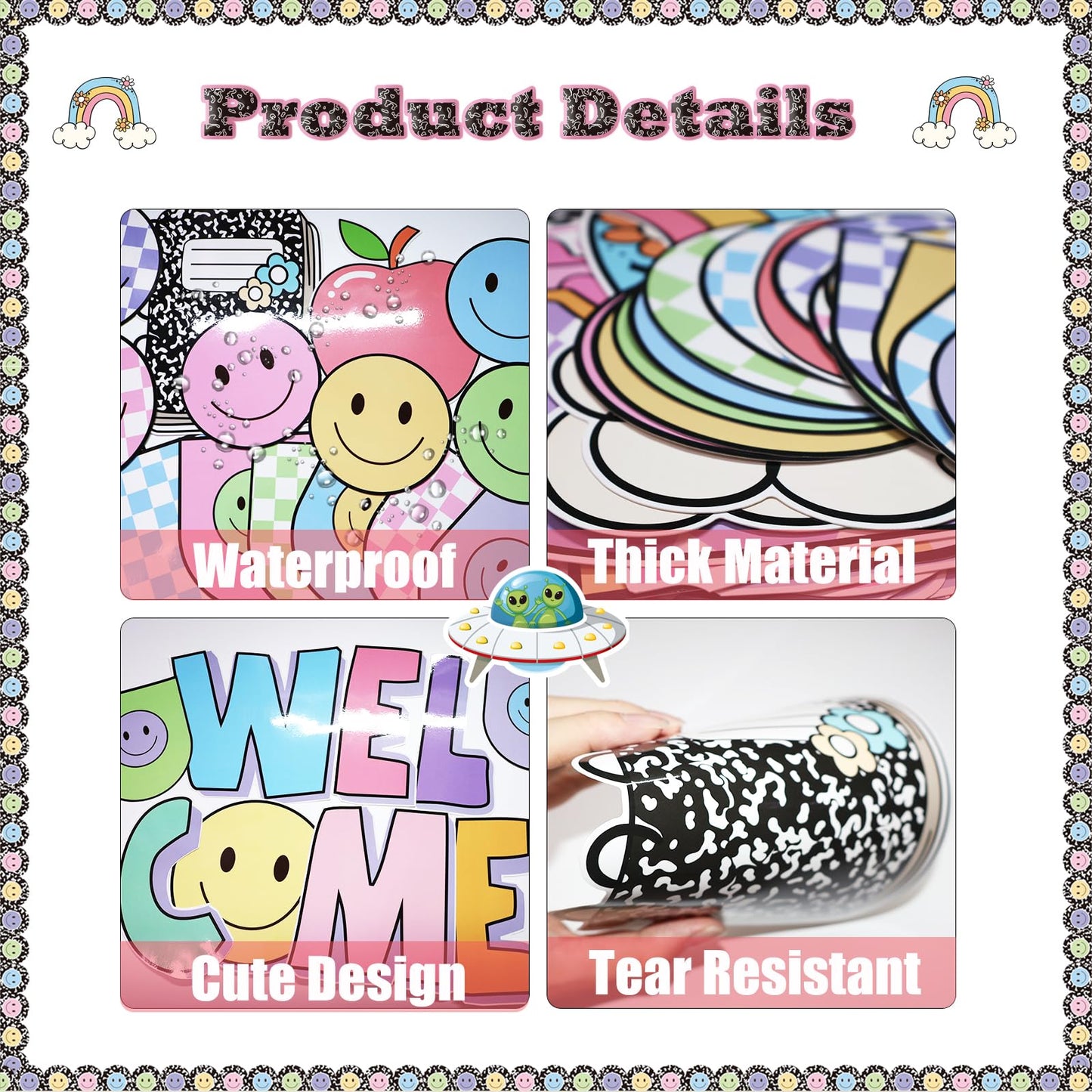 Welcome Back Bulletin Board Decorations Set with Borders Composition Notebook Smile Cutouts Decor for Teachers Back to School Bulletin Board for Class School Classroom Chalkboard Wall Decor