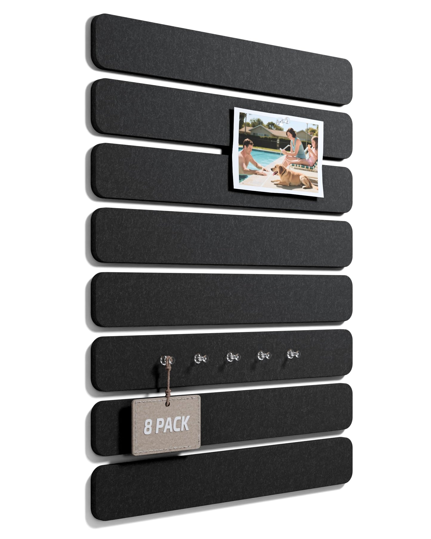 Fluxynara Cork Board Alternative Felt Strip Board 8-Pack 13"x2", Office Pin Board with 50 Push Pins, Adhesive Install for Bedroom Door & Home Office (Black)