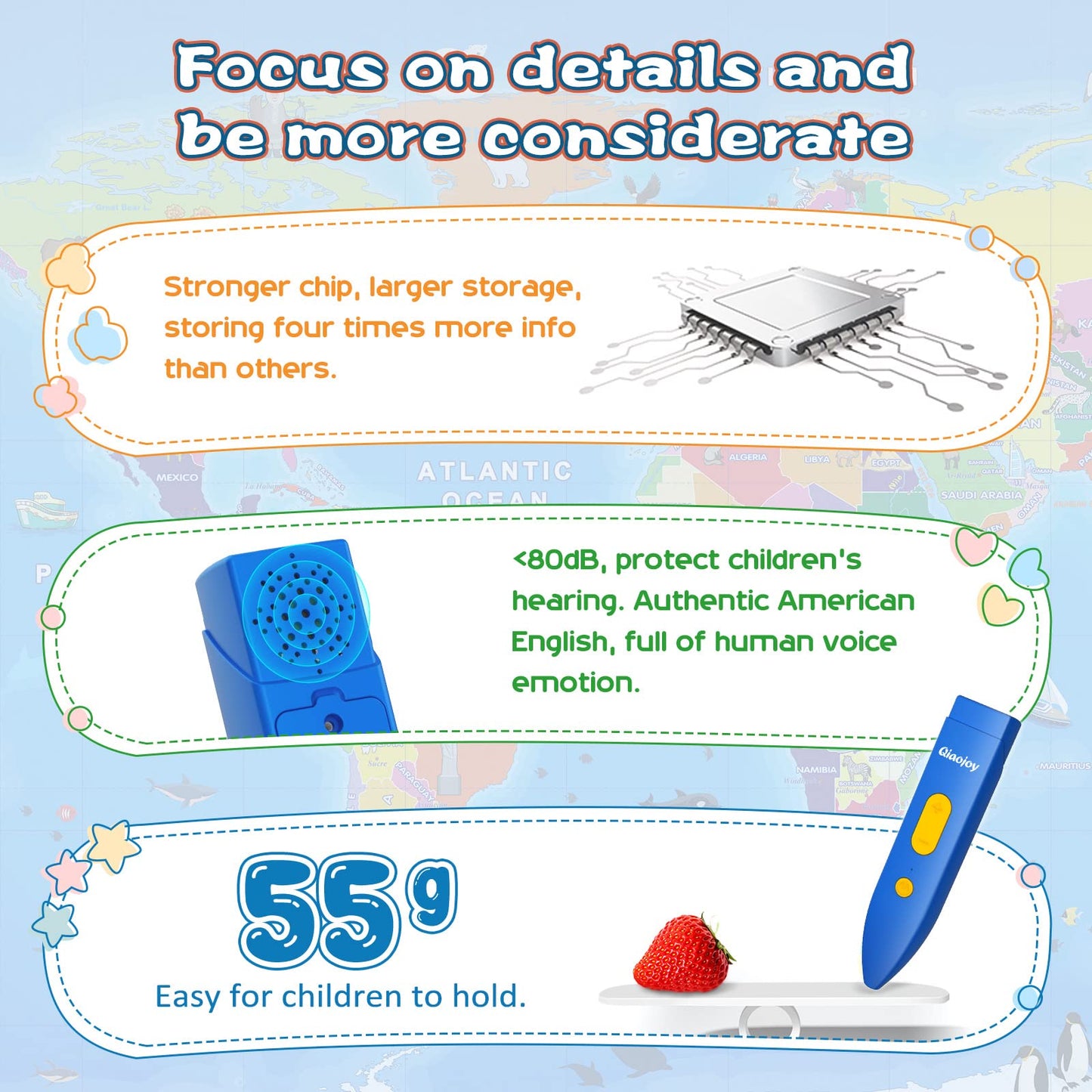 Qiaojoy Bilingual Interactive World Map for Kids Learning and Educational Toys, Talking Electronic Kids World Map i-Poster Geography Games Ages 3 to 12 Years Old, Custom Talking Birthday Gifts Card