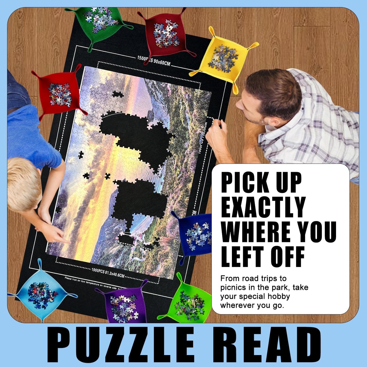 GOECI Puzzle Mat Roll Up with 8 Sorting Trays & Storage Gift Box, Large 46x26 Inch Puzzle Board for 500-1500 Pieces, Portable Puzzle Saver Kit with Travel Bag, Sturdy Box & Straps for Adults Black