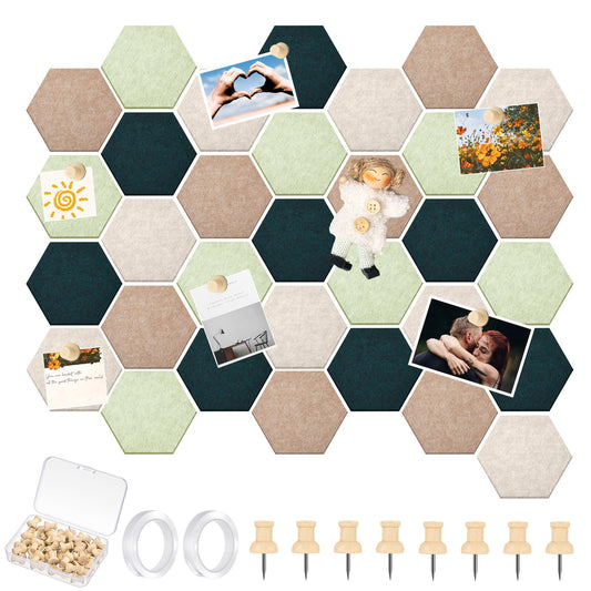 Mindsoft 32 Pcs 6'' x 7'' Hexagon Felt Cork Board Tiles with 50 Wooden Push Pins, Felt DIY Bulletin Board with 4 Tape for Office School Home Wall Decor Stickers Memos Photos Display