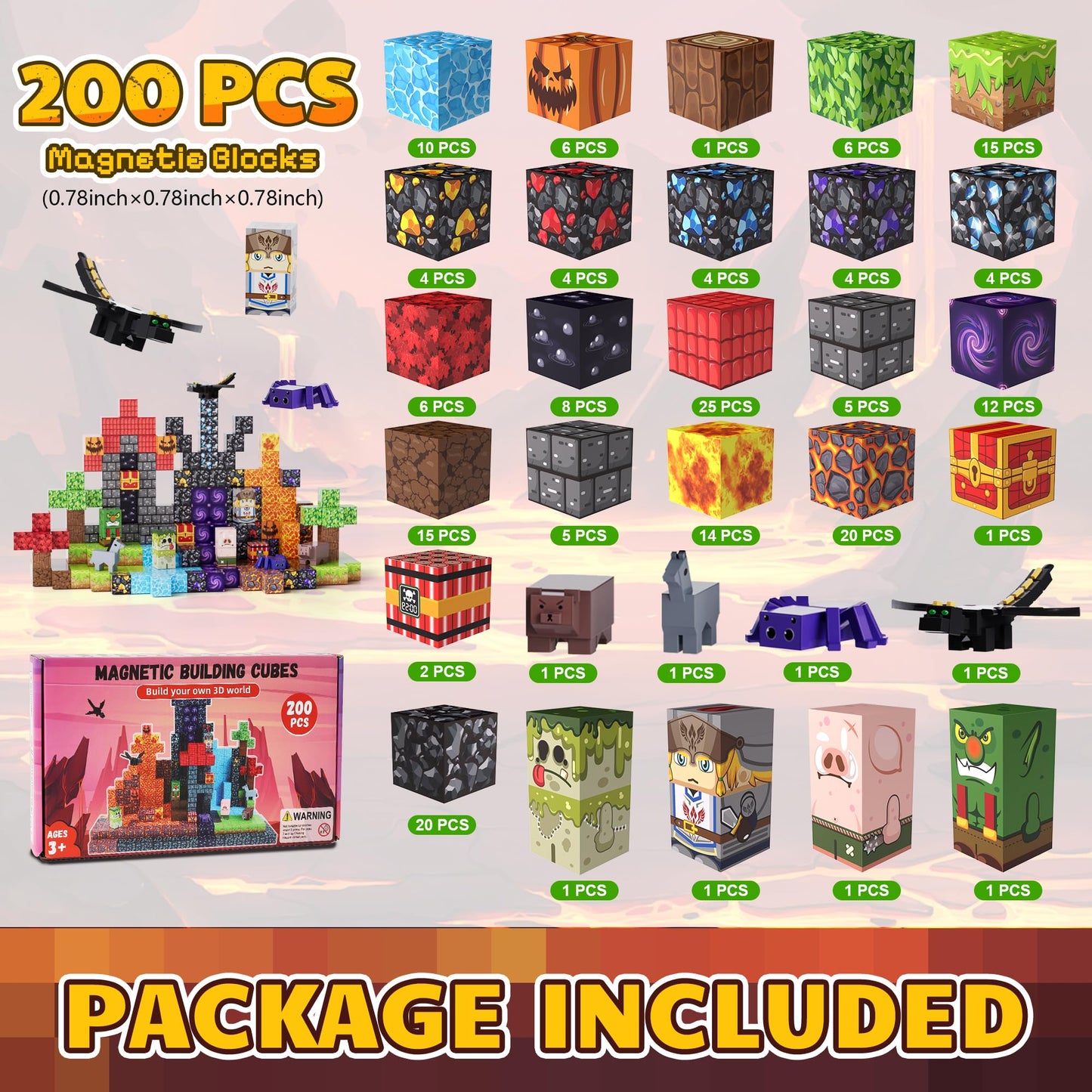 Fitrobust 200PCS Magnetic Blocks, Magnetic Building Blocks, 0.78in Magnetic Building Cubes, STEM Game Stacking Toys for Kids, Birthday Gifts for Boys and Girls Age 3+ Years Old