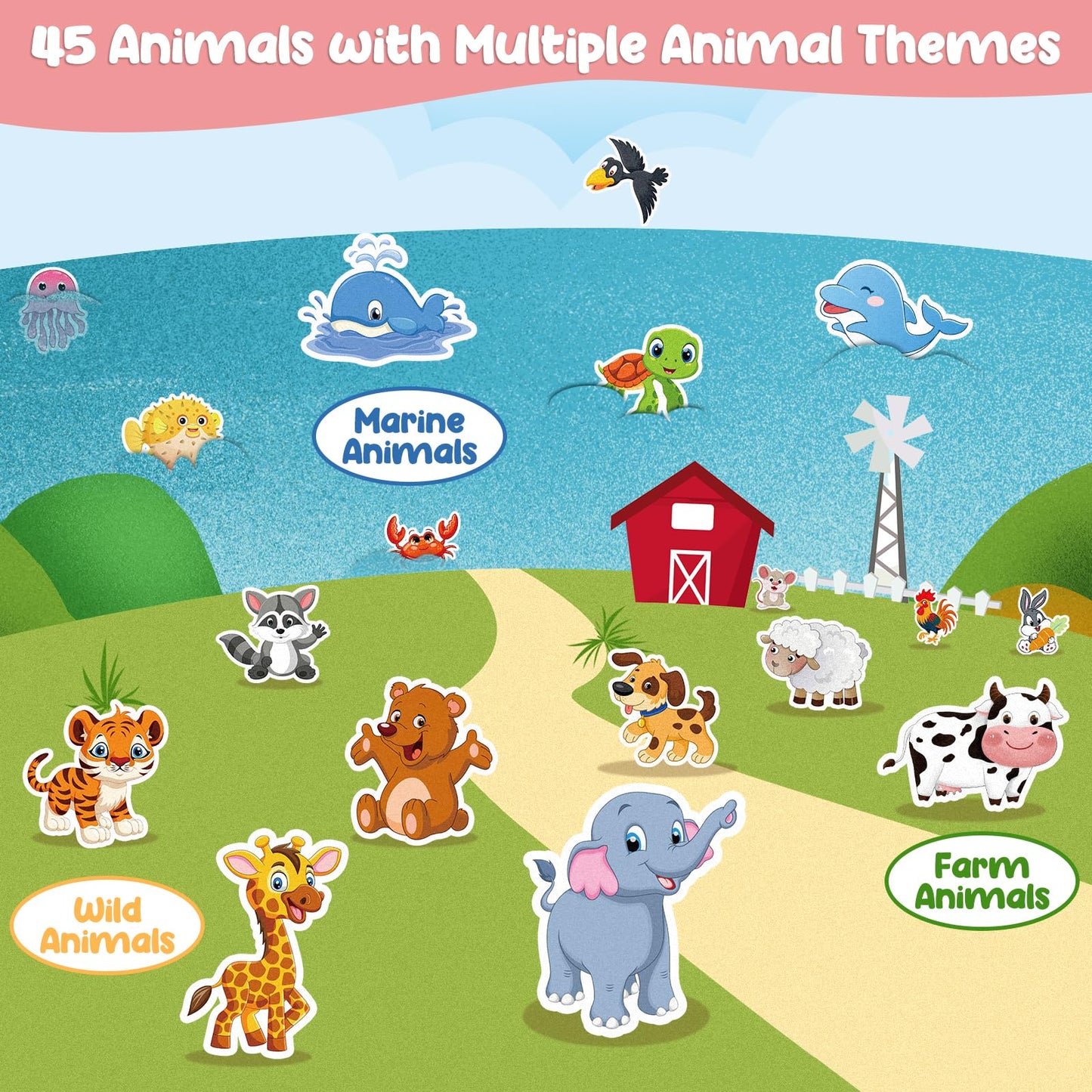 AKAYOK 90 Pcs Wild & Farm Animals Felt Board Story Pieces Set for Toddlers, Preschool & Kindergarten, Precut Felt Animals with Storage Pouch & Self Adhesive Dots Flannel Board Felt Toys