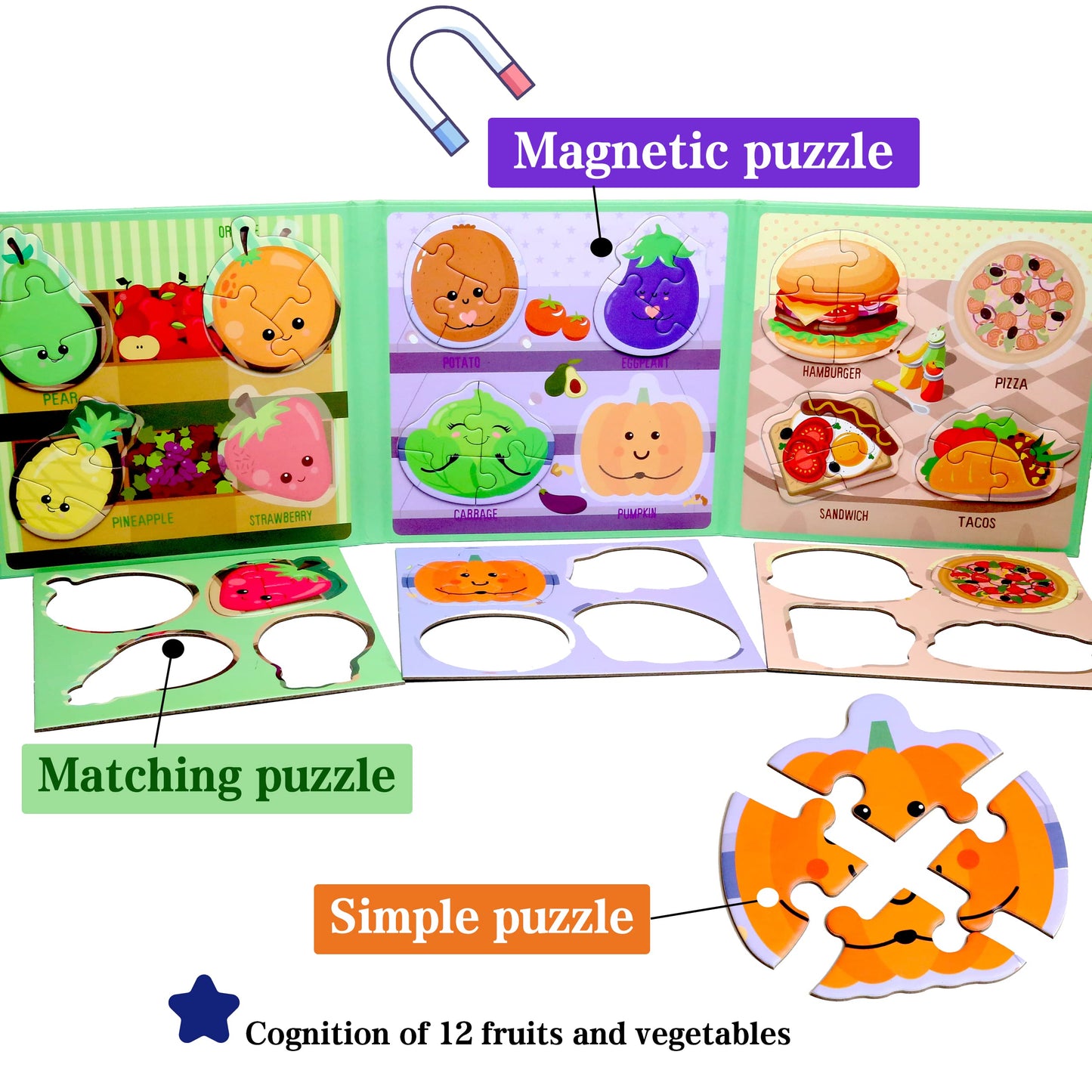 Magnetic Puzzles for Kids Ages 1-3, Travel Toddler Puzzles Ages 2-4 Year, Food Activities Toy for Boys & Girls 3-5 yo - Learning Magnet Gift for Road Trip