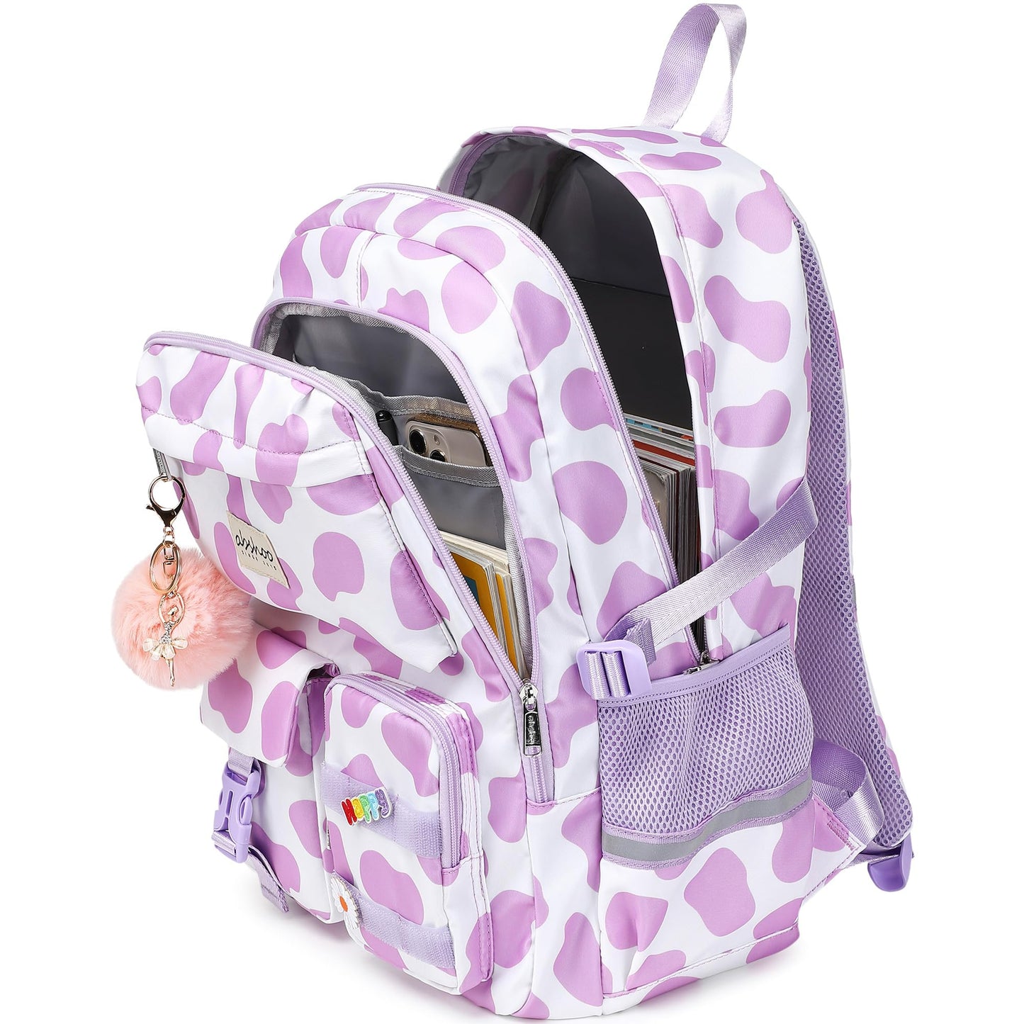 abshoo School Backpack for Girls Bookbag with Lunch Bag Teen Girls School Bag Travel Daypack (Cow Print Purple)