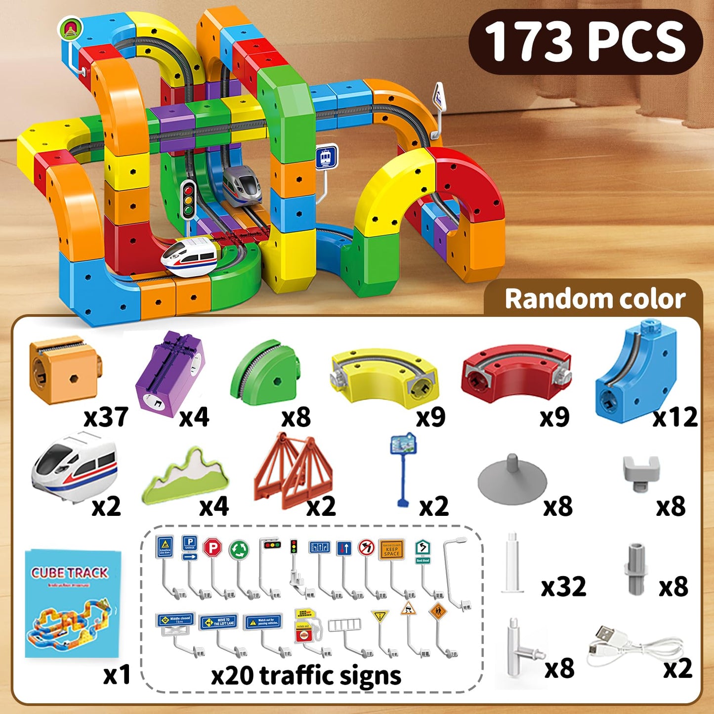 Electric Train Set for Kids 173 PCS, 3D Gravity-Defying Flexible Track with Motorized Train & Accessories, DIY STEM Building Toy with Traffic Signs, Gift for Boys Girls Ages 3-8