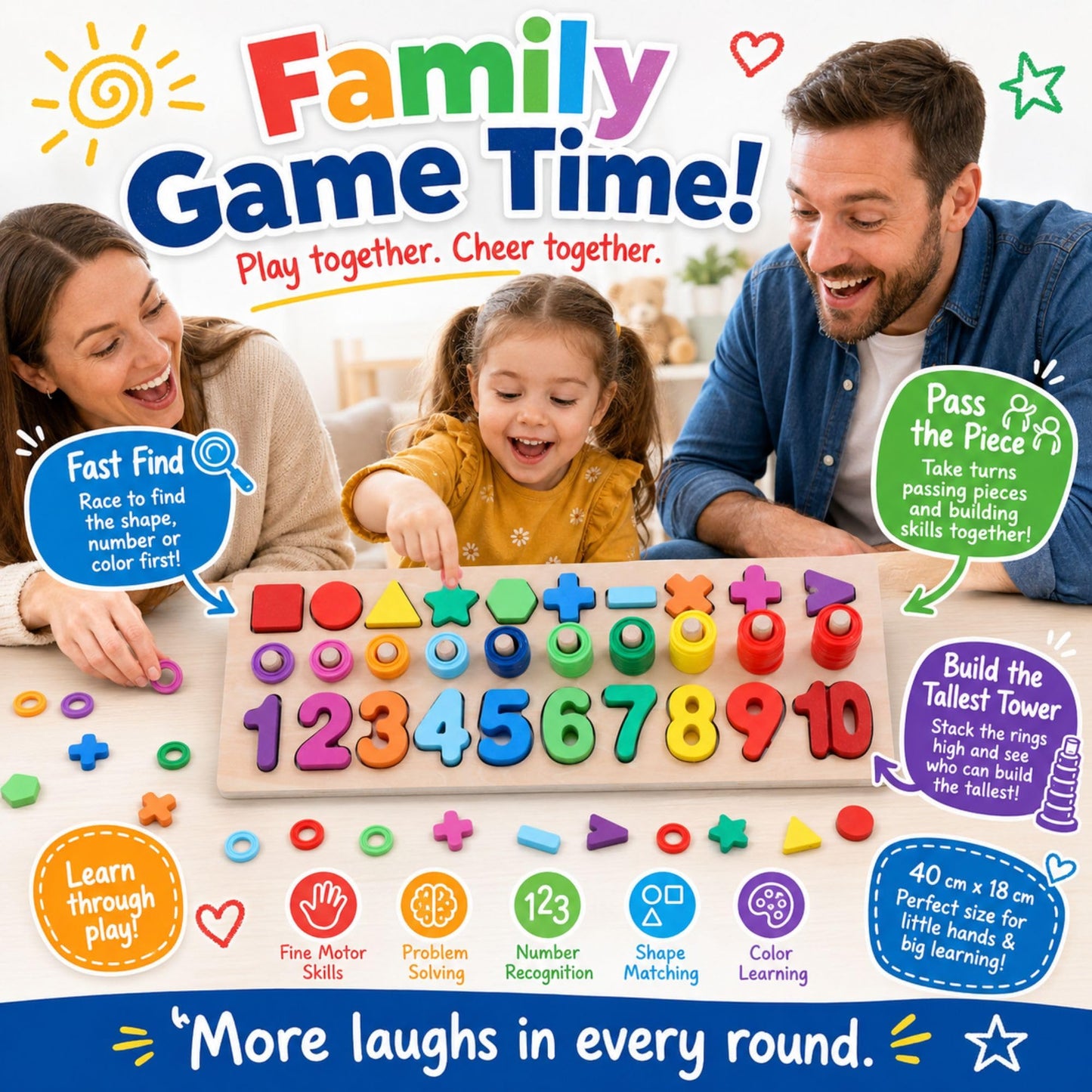GeroCrew Wooden Montessori Toys for Kids Toddler Number Puzzles Sorter Counting Shape Stacker Stacking Game Preschool Toys for Boy Girl Learning Education Math Blocks Year Old Girl Gifts (Rainbow)
