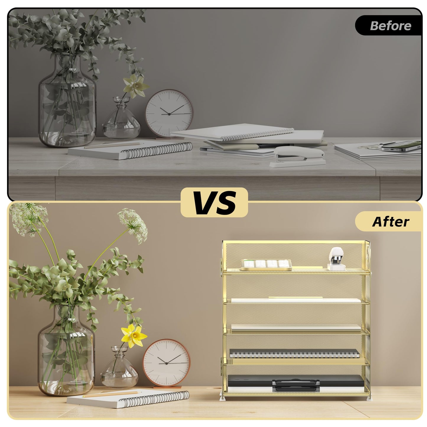 Supeasy 5 Trays Paper Organizer Letter Tray with Handle-Mesh Desk File Organizer, Paper Sorter Desk Organizer for Office, Home or School (Golden)