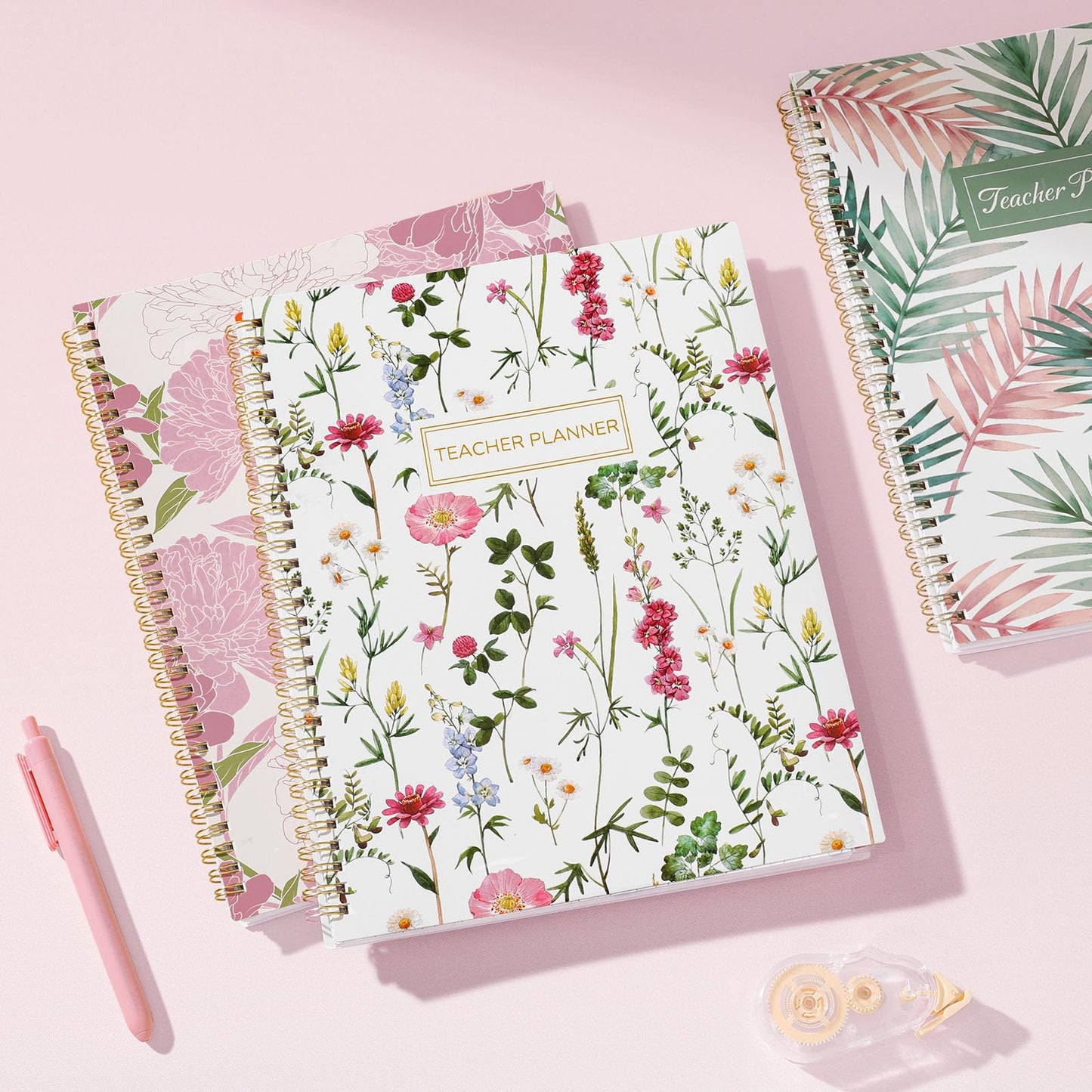SUNEE Teacher Planner 2026-2027 Academic Year, 7 Periods Lesson Plan Book Jul 2026 - Jun 2027, 8.5"x11"Daily Weekly Monthly Organizers Horizontal Layout with Calendars, Bookmark, Tabs, Pocket, Peony