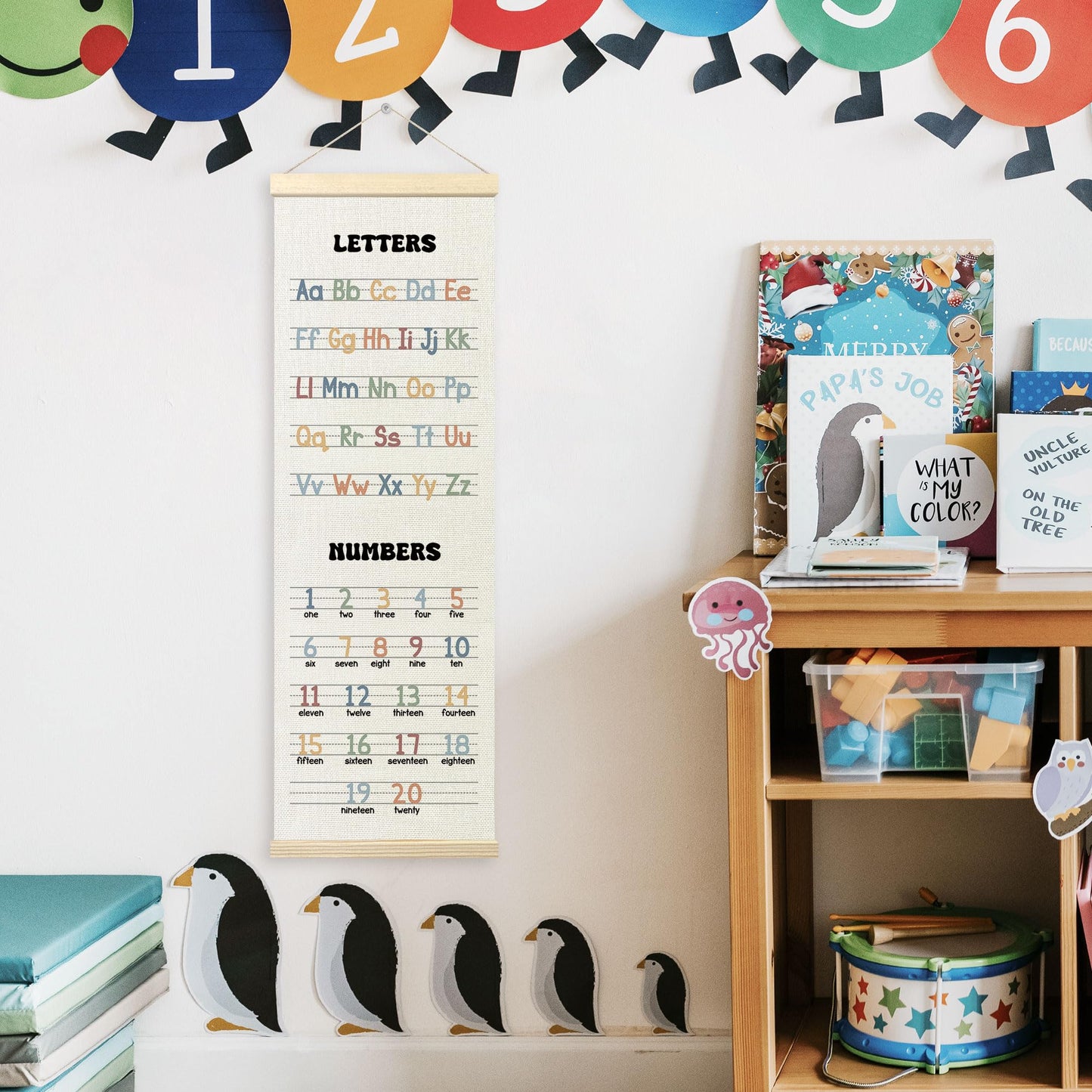 TLESKE Alphabet Number Chart Classroom Wall Art Poster, ABC Letters Education Wall Decor Hanging Poster with Hanger Frame for Classroom Homeschool, Toddlers Kids Room Prints Picture Banner, 12x35