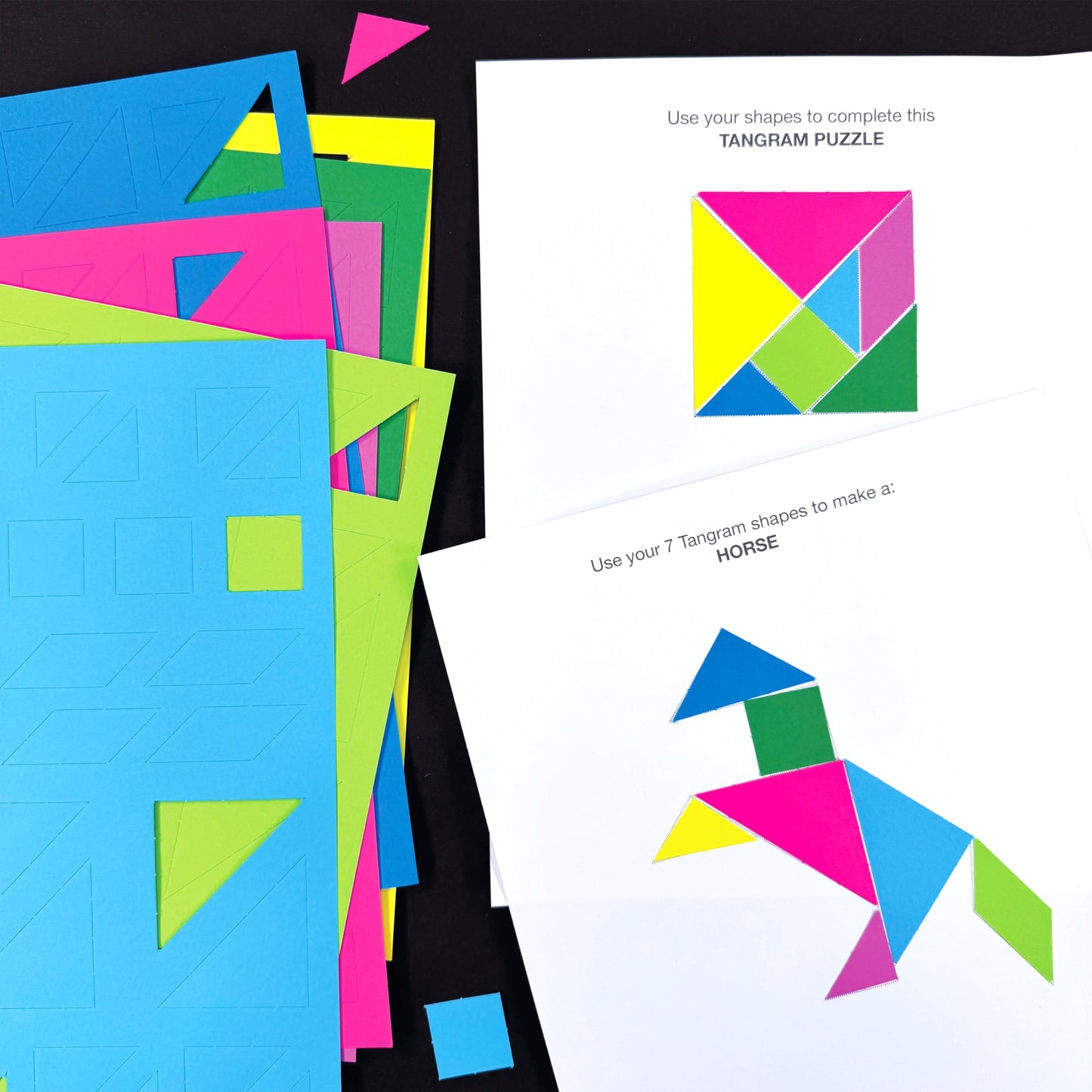 714 Pcs Tangram Shapes Easy Punch-Out Math Manipulatives for Learning Multicolor Triangles, Squares, Parallellograms Easy-Punch Paper Shape Cutouts in 7 Bright Colors US Made Card Stock