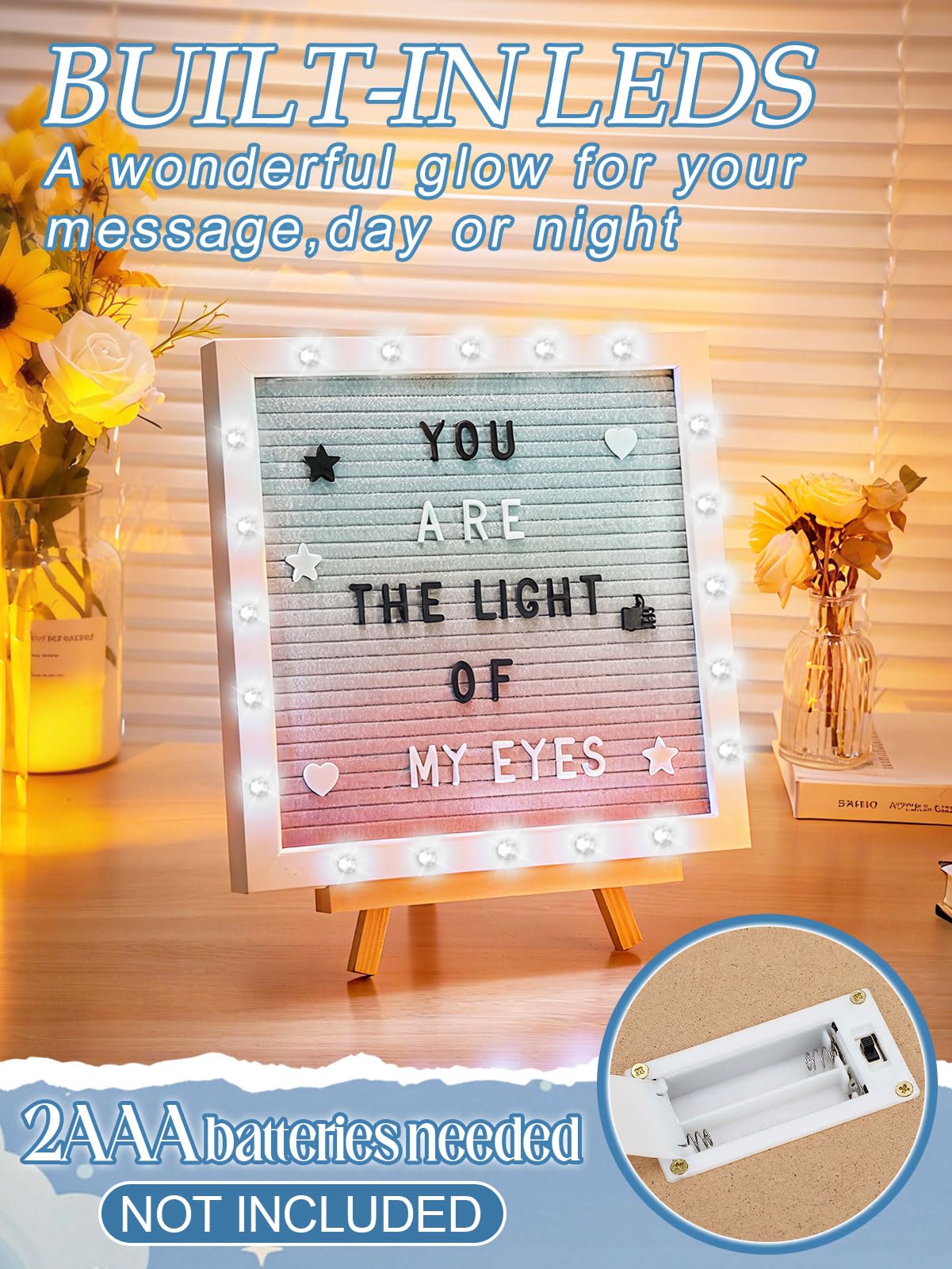 Gradient Felt Letter Board with LED Lights - 10 ×10" Custom Message Board with Changeable Letters & Stand, First Day of School Sign/Graduation/Pregnancy/Baby Announcement/Wedding/Classroom Decor