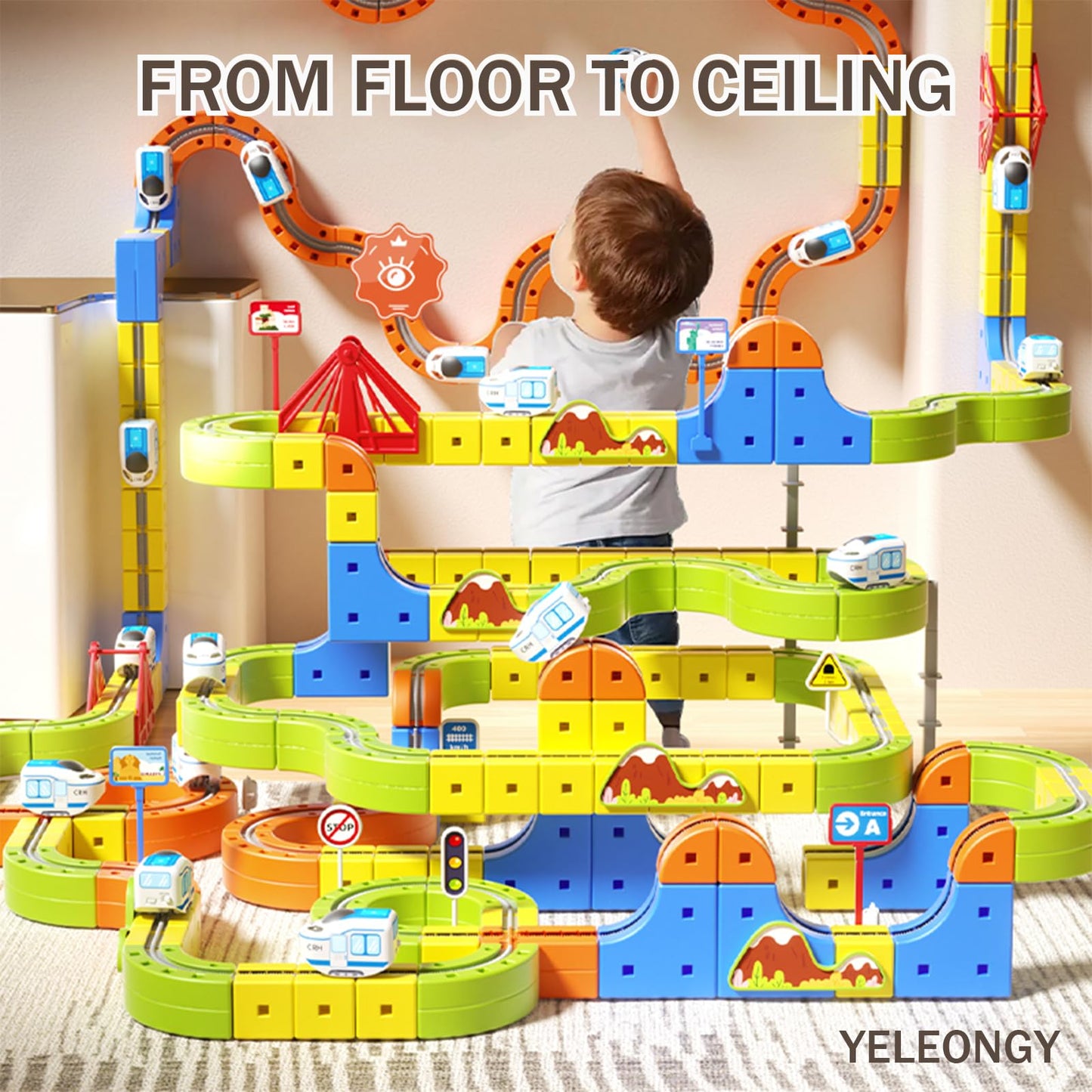 121PCS Magnetic Cube Track Train Set for Toddlers – 3D Vertical STEM Building Block Rail – Electric Magnetic Train Set Toy for Boys & Girls Ages 3-8