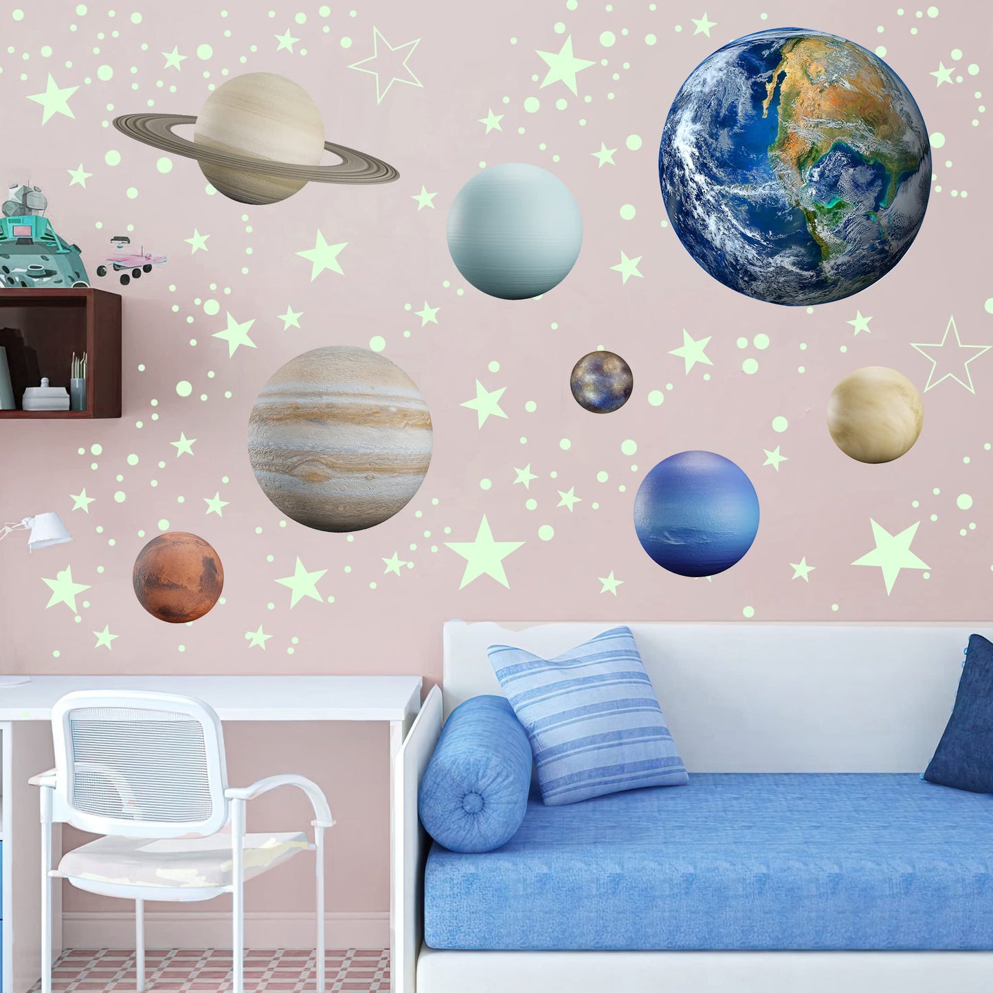 Glow in The Dark Stars Solar System Wall Decals, The Earth Wall Stickers for Bedroom, Baby Nursery Planets Sticker Decoration for Ceiling (Green)