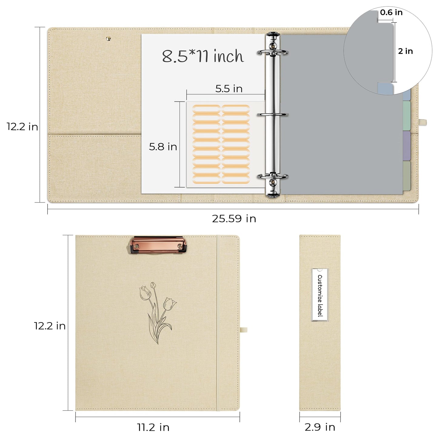 EYROZILL 3 Ring Binder 2 Inch, Binder for Letter Size (11" x 8.5") with 5 Tab Dividers, File Folder Labels and Low Profile Clipboards, Tulip White