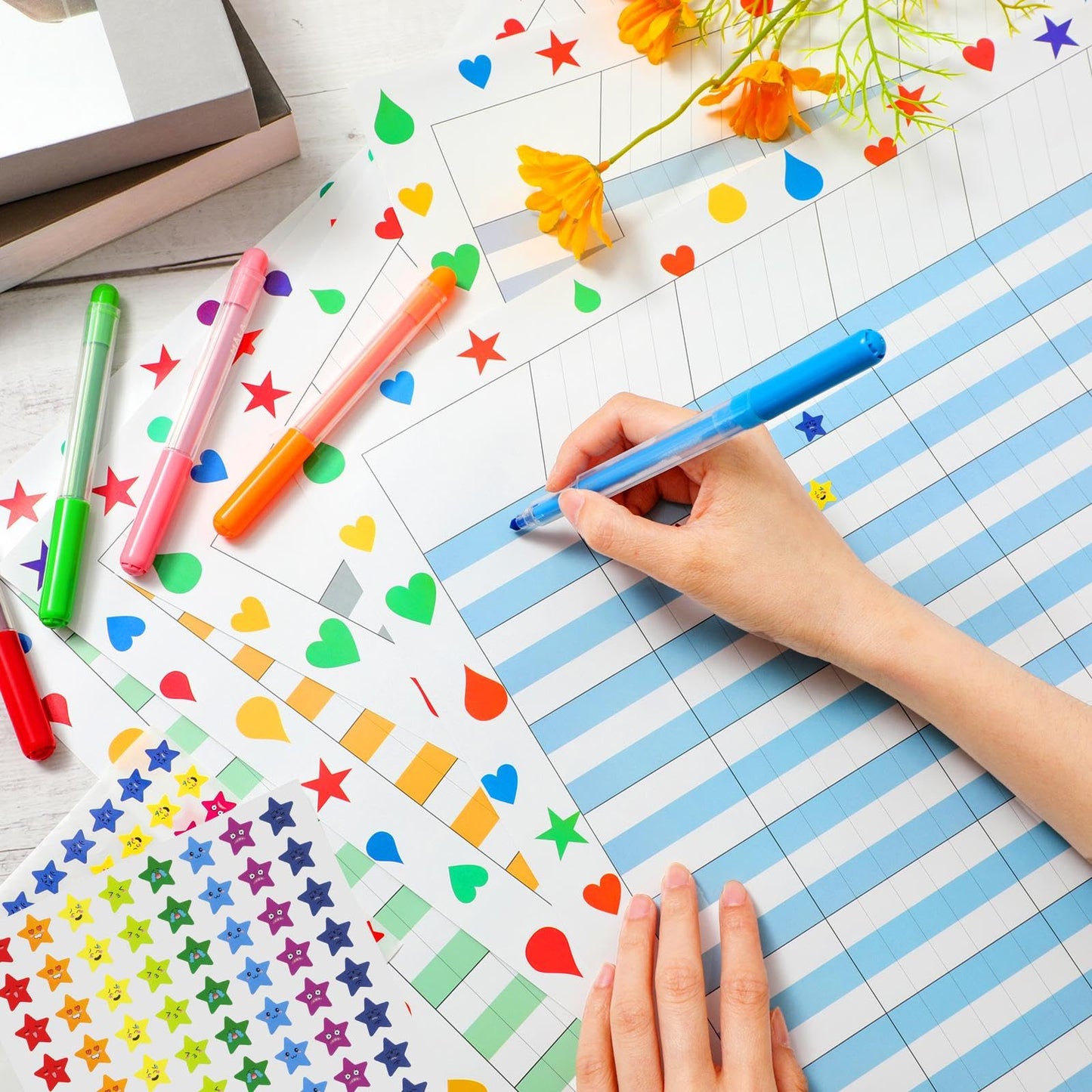 Ctosree 12 Pcs 17"x 22" Incentive Chart Multicolor Laminated Dry Erase Reward Chores Chart with 5 Pcs Reward Sticker(Cute Style,White Background)