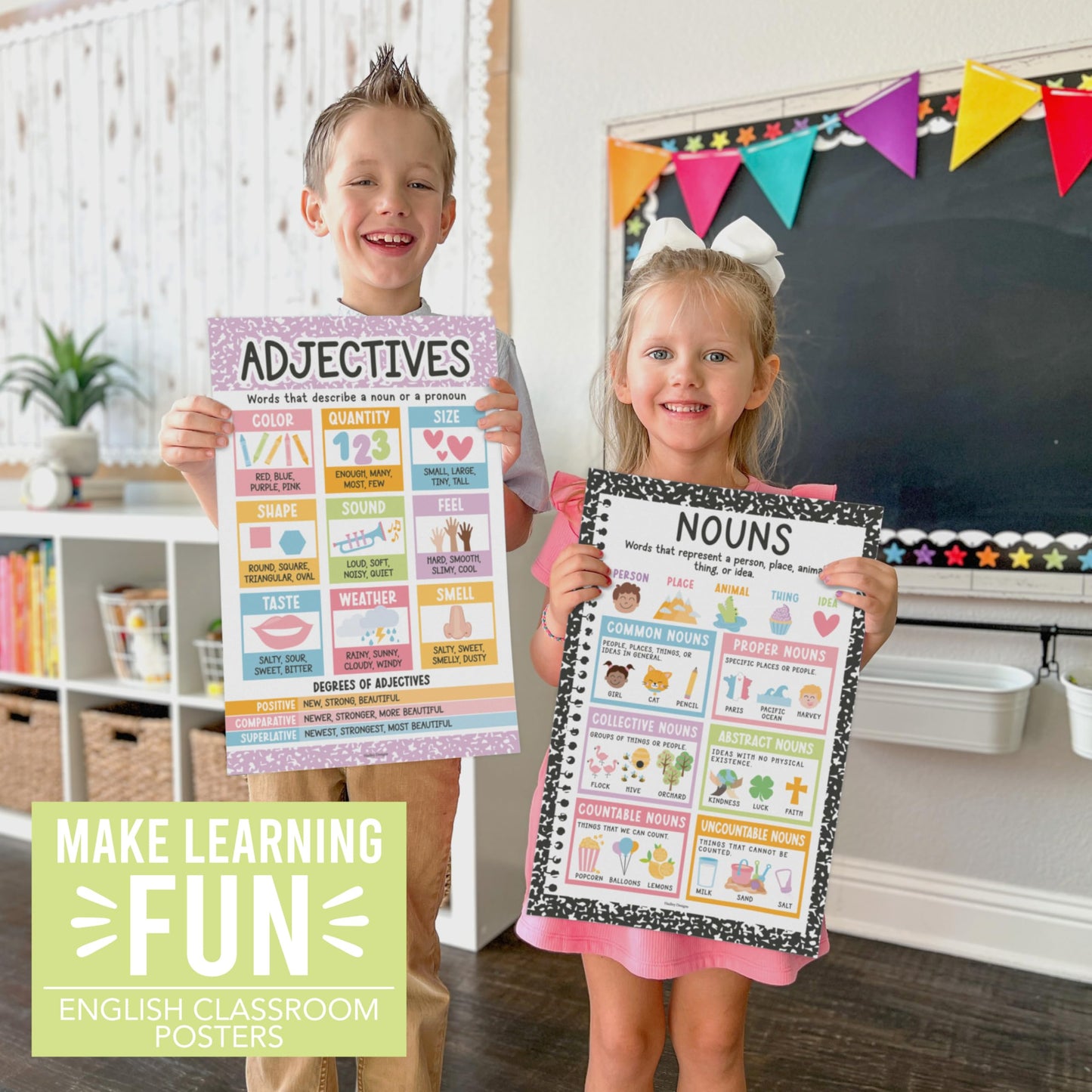Parts of Speech Posters for Classroom Must Haves - 12 English Grammar Posters, Writing Process Language Arts for Homeschool, Elementary & Middle School, ELA 3rd 4th & 5th Grade Pastel Classroom Decor
