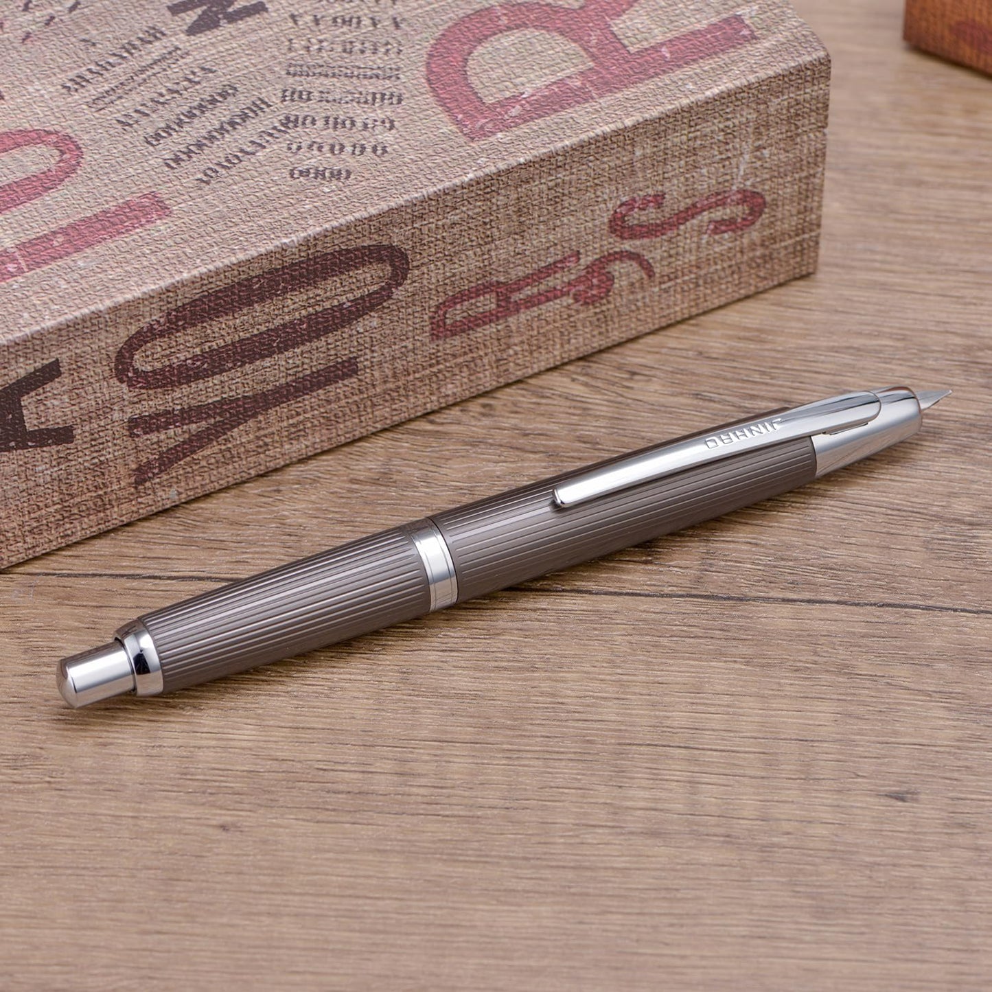 Jinhao 10 Press Fountain Pen with Box, Brushed Matt Gray Retractable Extra Fine Nib with Ink Converter Set (Silver Clip)