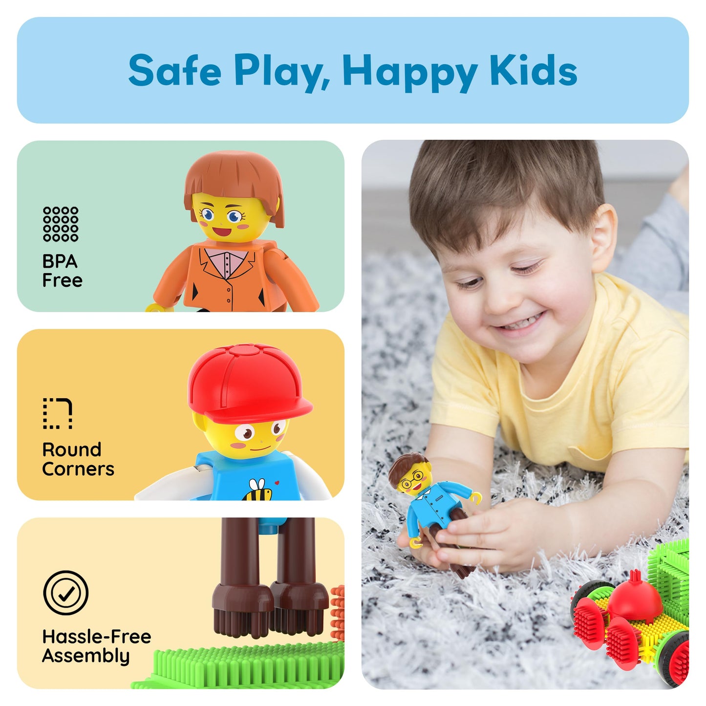 Picasso Toys Hedgehog Blocks 4 Family Action Character Figures Toddler Toy Construction Building Tile Block Expansion Pack Educational Add-on STEM Learning Smart Game Kit Toys Pretend Playset Age 3+