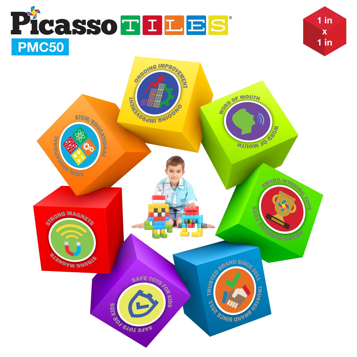 PicassoTiles Kids Pixel 1” Magnetic Puzzle Cube Mix & Match with Free Ideabook Sensory Toys STEAM Learning Building Block Magnets Construction Toy Set Stacking Magnet Creative Kit