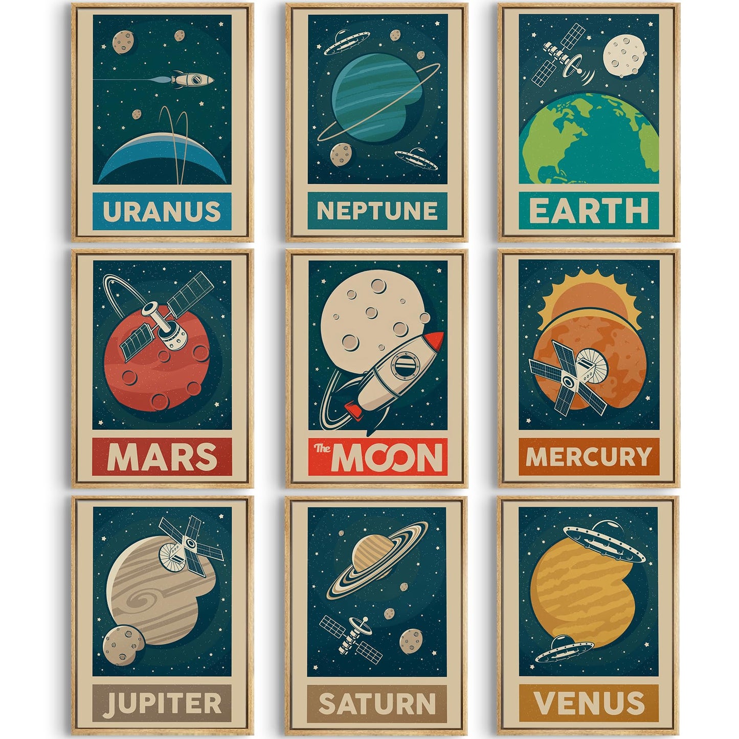9pcs Retro Solar System Wall Art Nursery Space Pictures Retrospace Galaxy Wall Decor Outer Space Paintings Prints Sci-Fi Planet Posters for Boys Girls Kids Bedroom Living 12x16in Unframed
