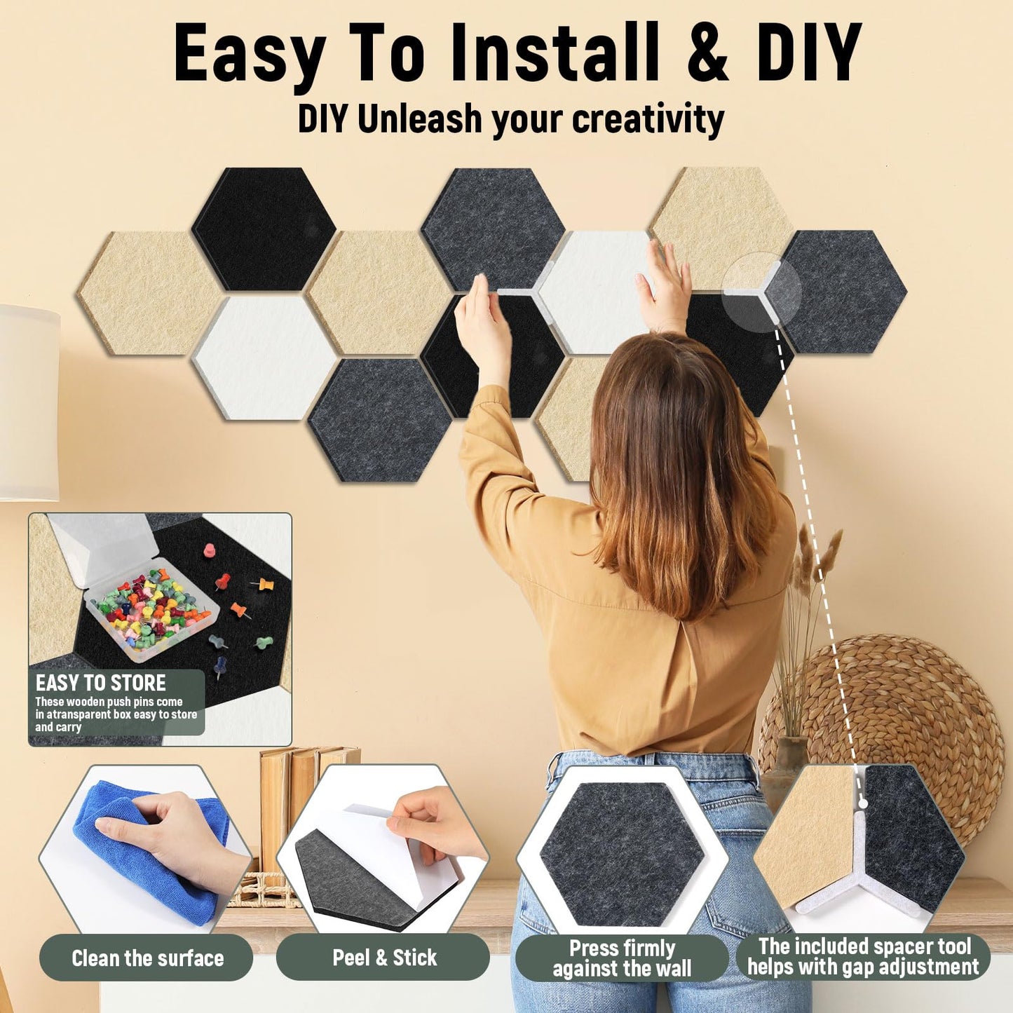 16Pcs Hexagon Felt Cork Board Tiles Self Adhesive Hexagon Wall Tiles with 60 Push Pins 20 Wooden Clips DIY Bulletin Board Pin Boards for School Office Home Photos Memos Display (Black Grey)