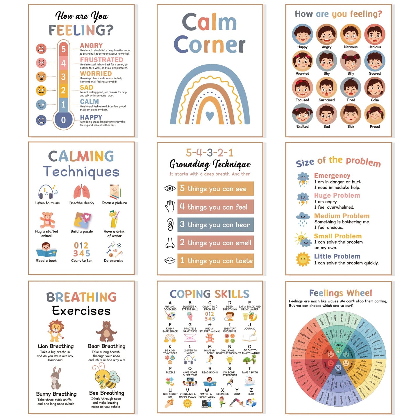 9 Calming Corner Posters,Calm Down Corner Feelings Chart for Kids, Mental Health Posters,Classroom Educational Poster Emotions Chart Coping Skills,Preschool Classroom Wall Art Decorations Mood Calming