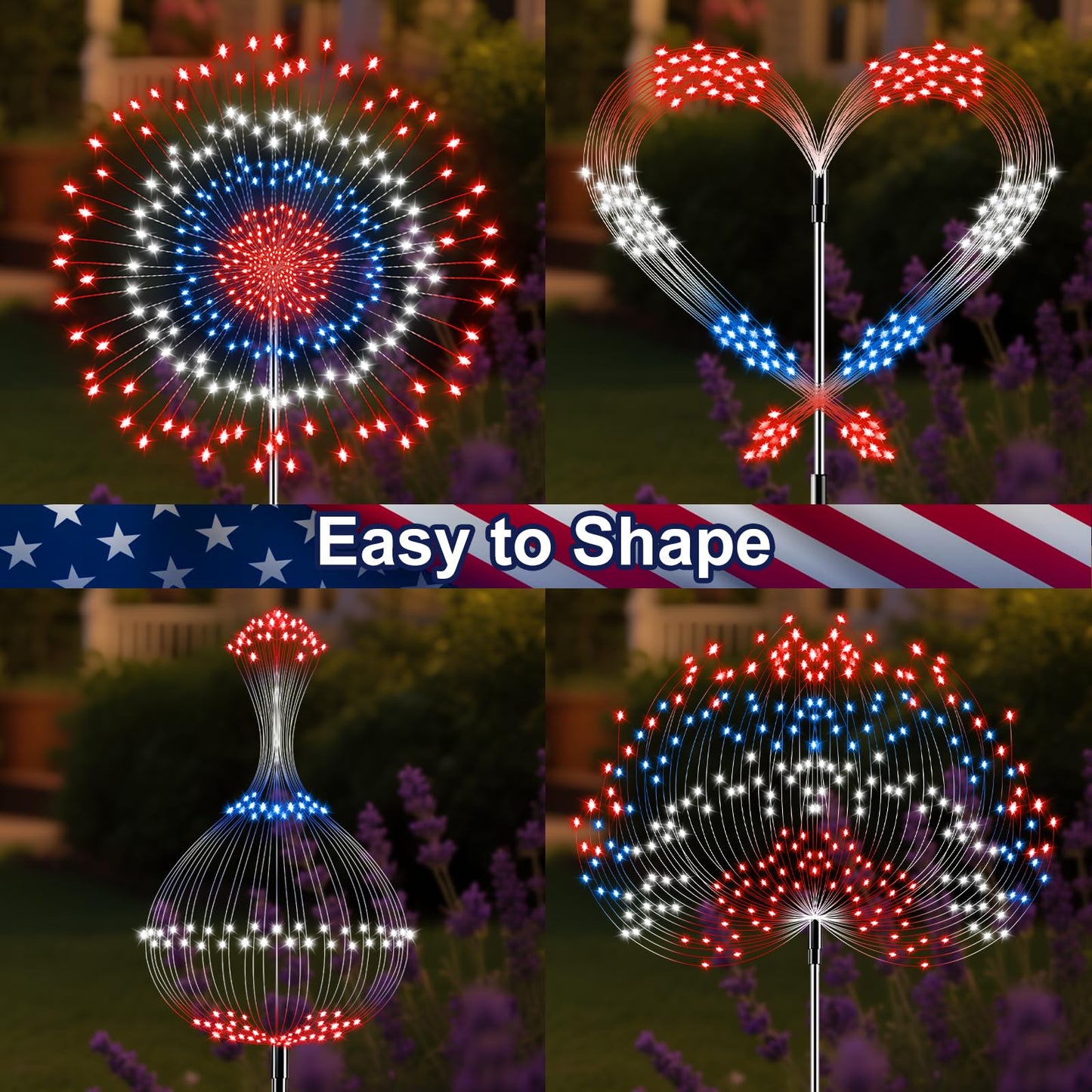 JORETLE Solar Firework Lights, 180 LED, 8 Modes & Timer, 2 Sets of 2 Pieces, Red White Blue, Outdoor Decorations for 4th of July