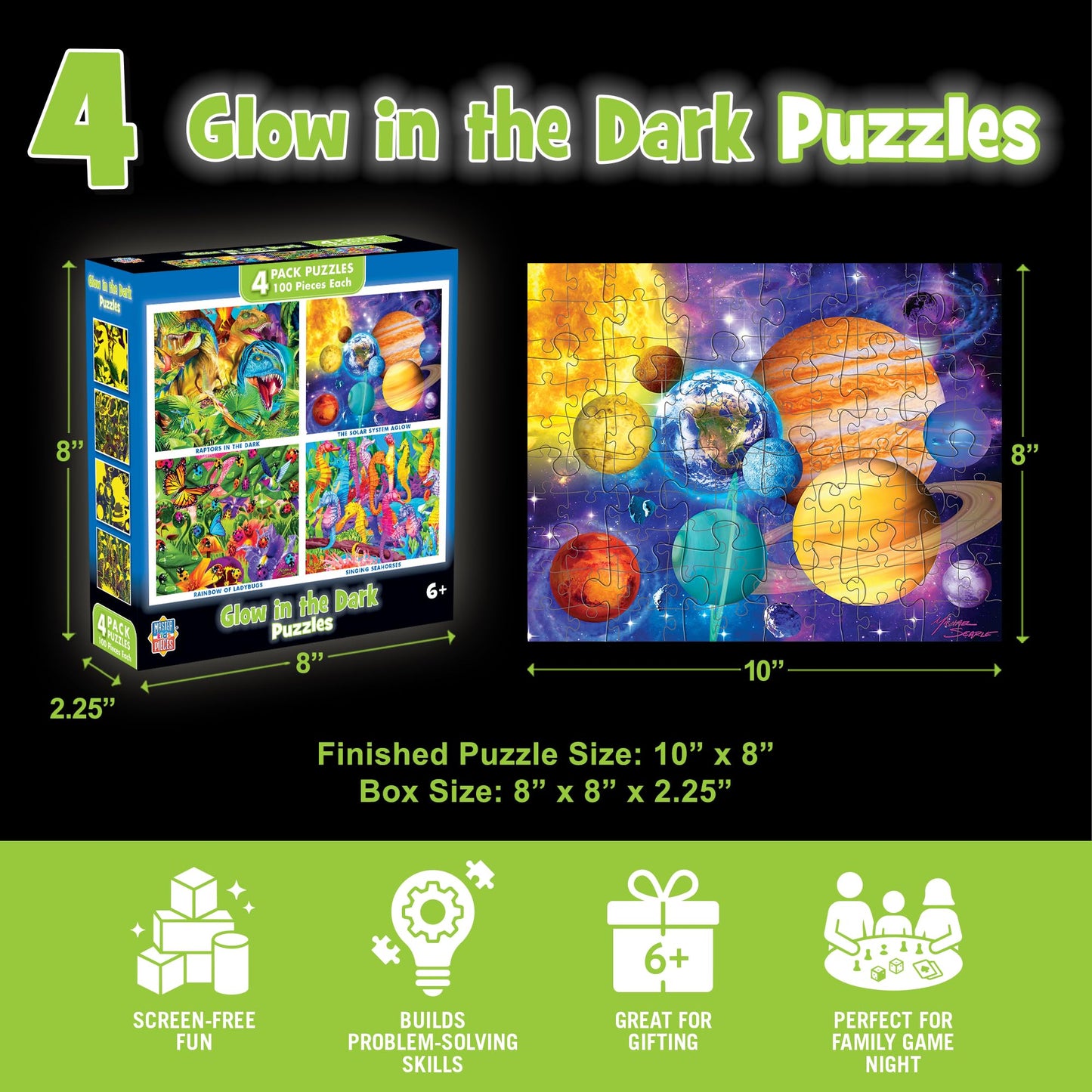 MasterPieces – Jigsaw Puzzle Set for Kids 6+ Years, 4-Pack of 100 Pieces, Educational and Fun Game, Blue Glow in The Dark Collection, Gift Idea for Children, 8" x 10