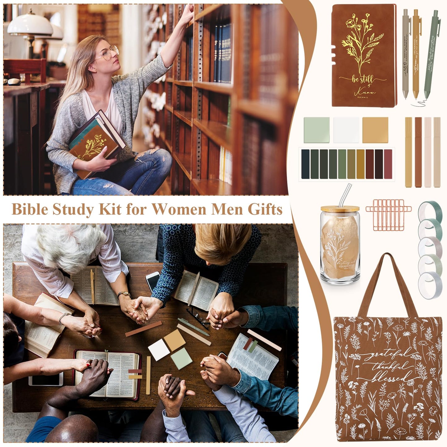 Singhoow 29 Pcs Bible Journaling Supplies Kit 16 oz Glass Cup Canvas Bag Leather Notebook Highlighters Pens Sticky Note Tapes Bible Study Supplies for Women Fathers Sunday School Teacher(Boho, Brown)