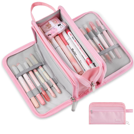 Sooez Large Pencil Case, Big Capacity Pencil Pouch Pen Bag with 3 Compartment, Portable Canvas Stationery Organizer with Zipper, Cute Aesthetic School Supplies for Teen Girls College, Pure Pink