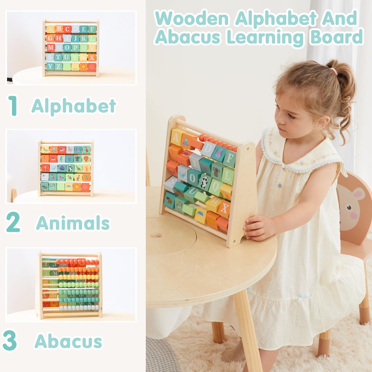 FReniland Wooden Activity Cube - Double-Sided Abacus & Alphabet Flip Tiles for Toddlers 18M+, Educational Counting Toy for Preschool and Homeschool Learning
