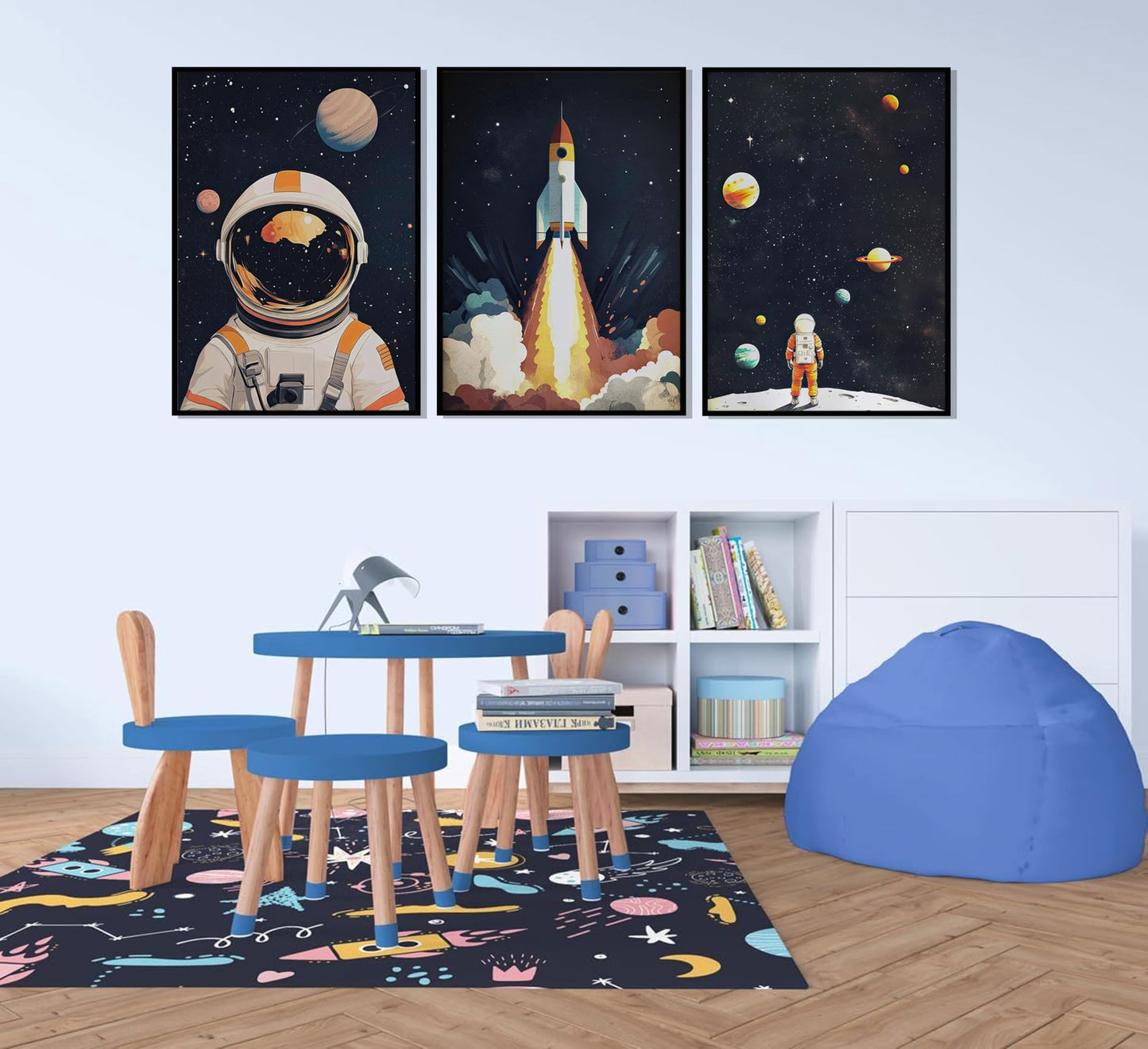 3Pcs Space Astronaut Wall art Cute Astronaut Canvas Nursery Galaxy Posters Modern Space Themed Print Rocket Pictures Toddler Boy Room Wall Decor for Adventure Kids Bedroom Nursery Room Unframed