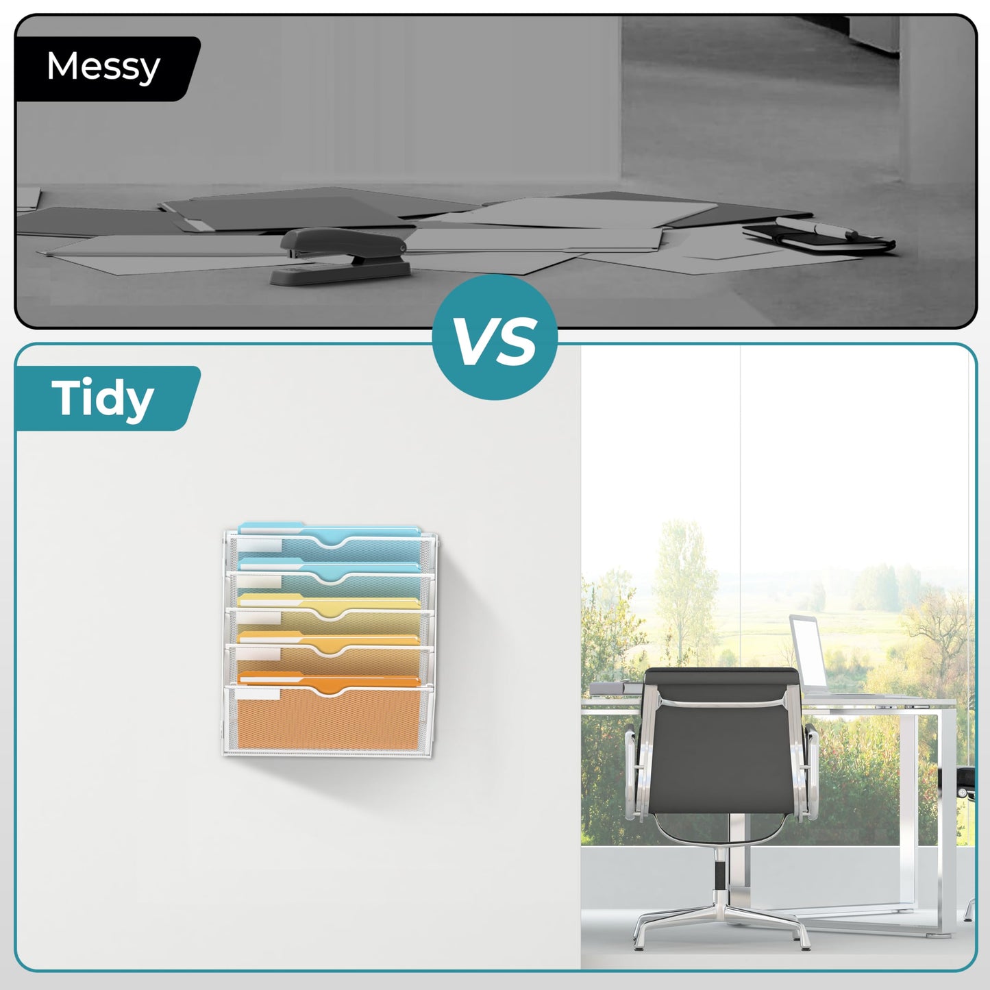 SUPEASY 5 Tier Wall File Organizer, Hanging Wall Mounted Mail Organizer with Label Slots, Metal Mesh File Holder Magazine Rack for Office, Home, School or Classroom, White