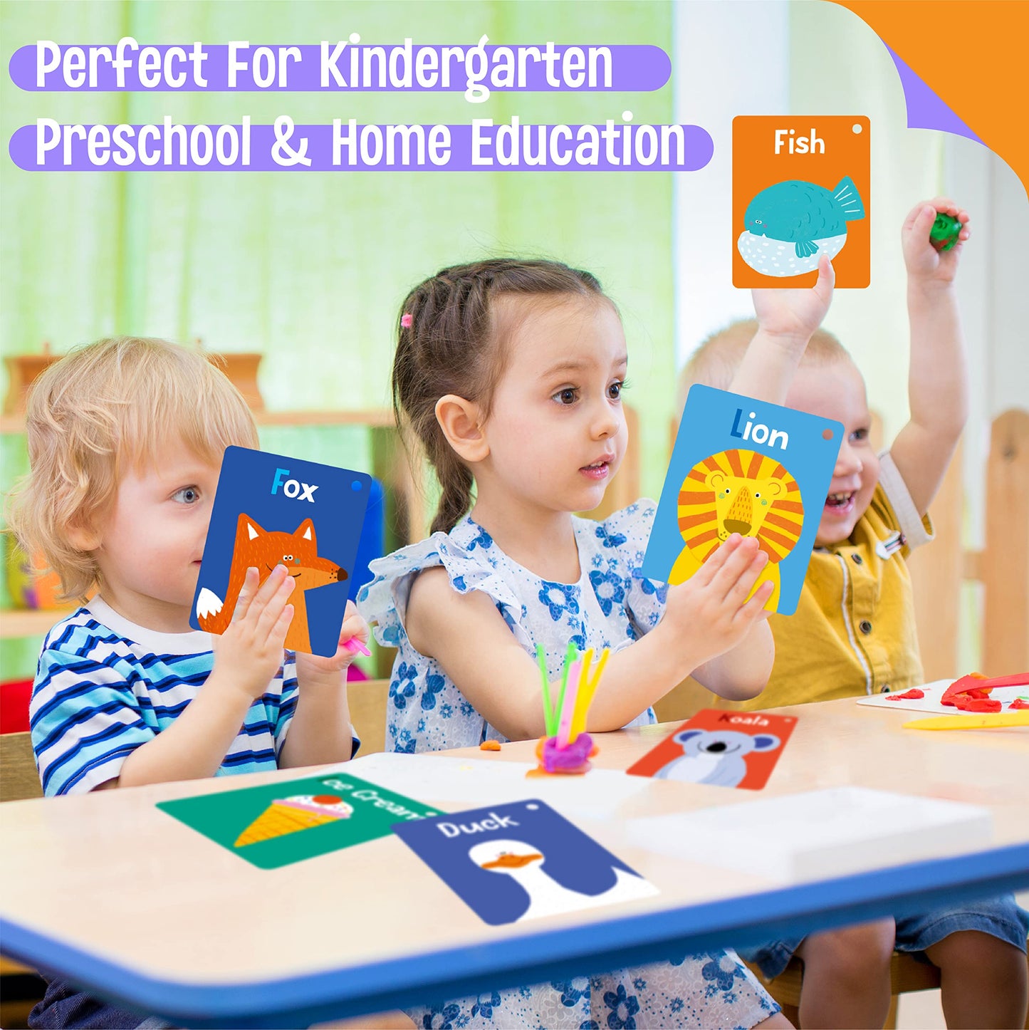 50 PCS Kid First Cognitive Flashcards,Double Sided Printed 7 in 1 Colorful Cards Alphabet,Numbers, Foods,Animals,Shapes,Colors with 3 Reclosable Rings,Learning Tool for Pre-K Kindergarten Toddlers