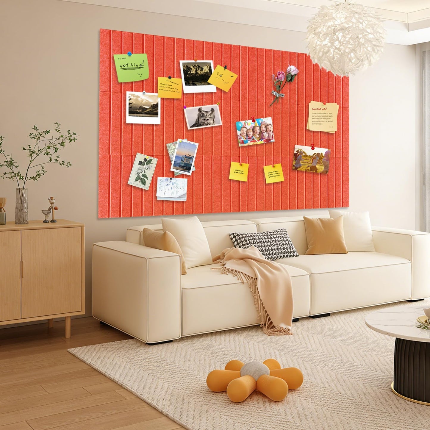 15 Pack Felt Bulletin Board, 35" x 59" Large Orange Pinboard with 30 Push Pins, Felt Pin Board, Self-Adhesive Cork Board Tiles for Home, Office Walls, School Classroom Message Photos Display