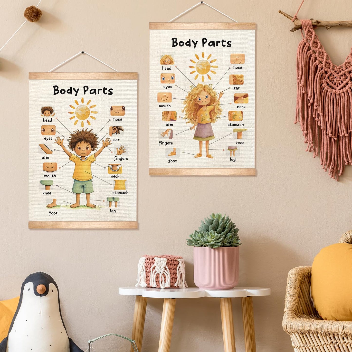HEYJEEPER Body Parts Learning Posters Set of 2,Linen Educational Wall Art with Wood Hanger, Cute Girl & Boy Body Parts Charts for Toddlers Preschool Classroom Playroom Nursery Decor,18.5x14 Inch
