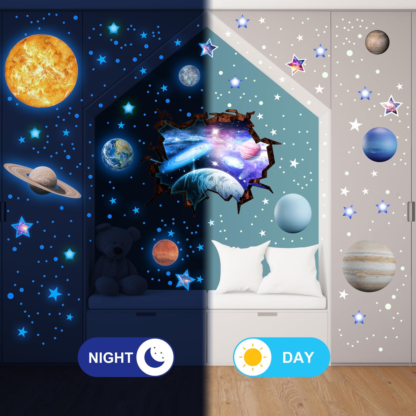 Robmoda Stars and Planets Wall Decals Glow in The Dark, Sun Solar System Stickers for Ceiling, Space Wall Sticker for Kids Room (Blue)