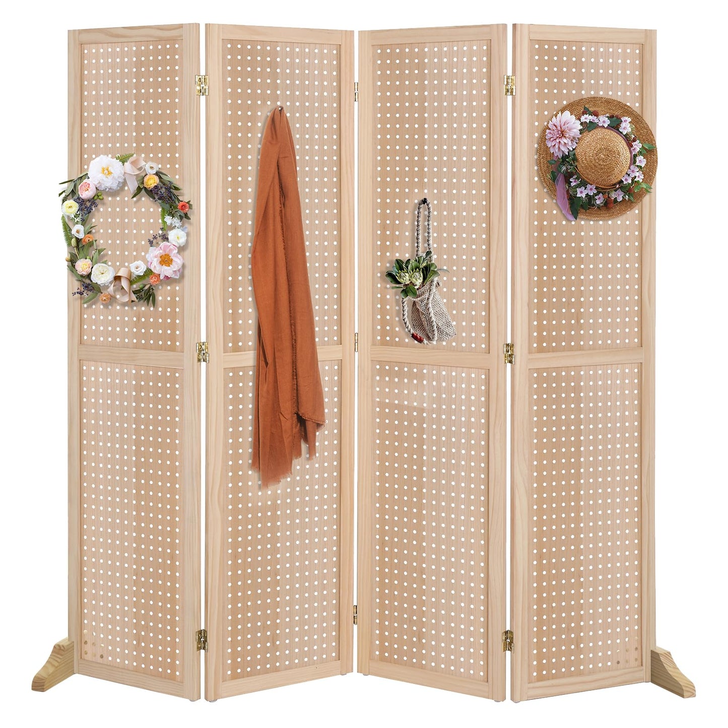 Bonnlo 4 Panel Pegboard Freestanding, 5 FT Portable Display Board Organizer for Craft Show Jewelry, Wooden Folding Privacy Screen Room Divider (with Base, Natural)