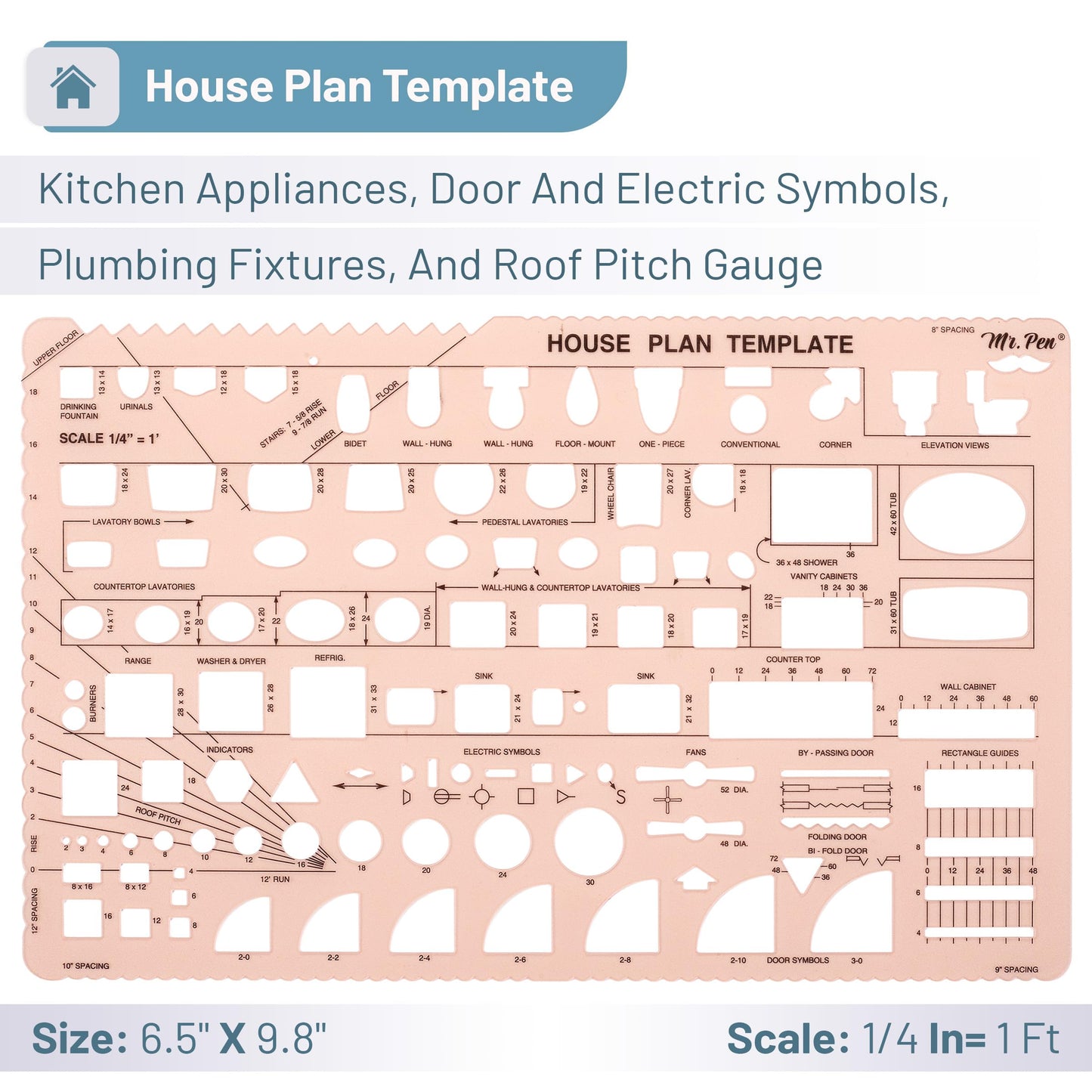 Mr. Pen- House Plan, 3 pcs, Interior Design and Furniture Templates, Clear Flexible Plastic, Drafting Tools, Ruler Shapes for Architecture, 1/4 Inch Scale, Kitchen, Bath, Bedroom, Office, Living Room