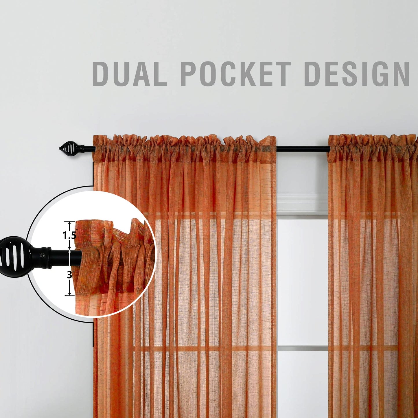 KOUFALL Burnt Orange Boho Sheer Curtains 63 Inch Length for Living Room 2 Panels Set Linen Bohemian Curtains for Bedroom