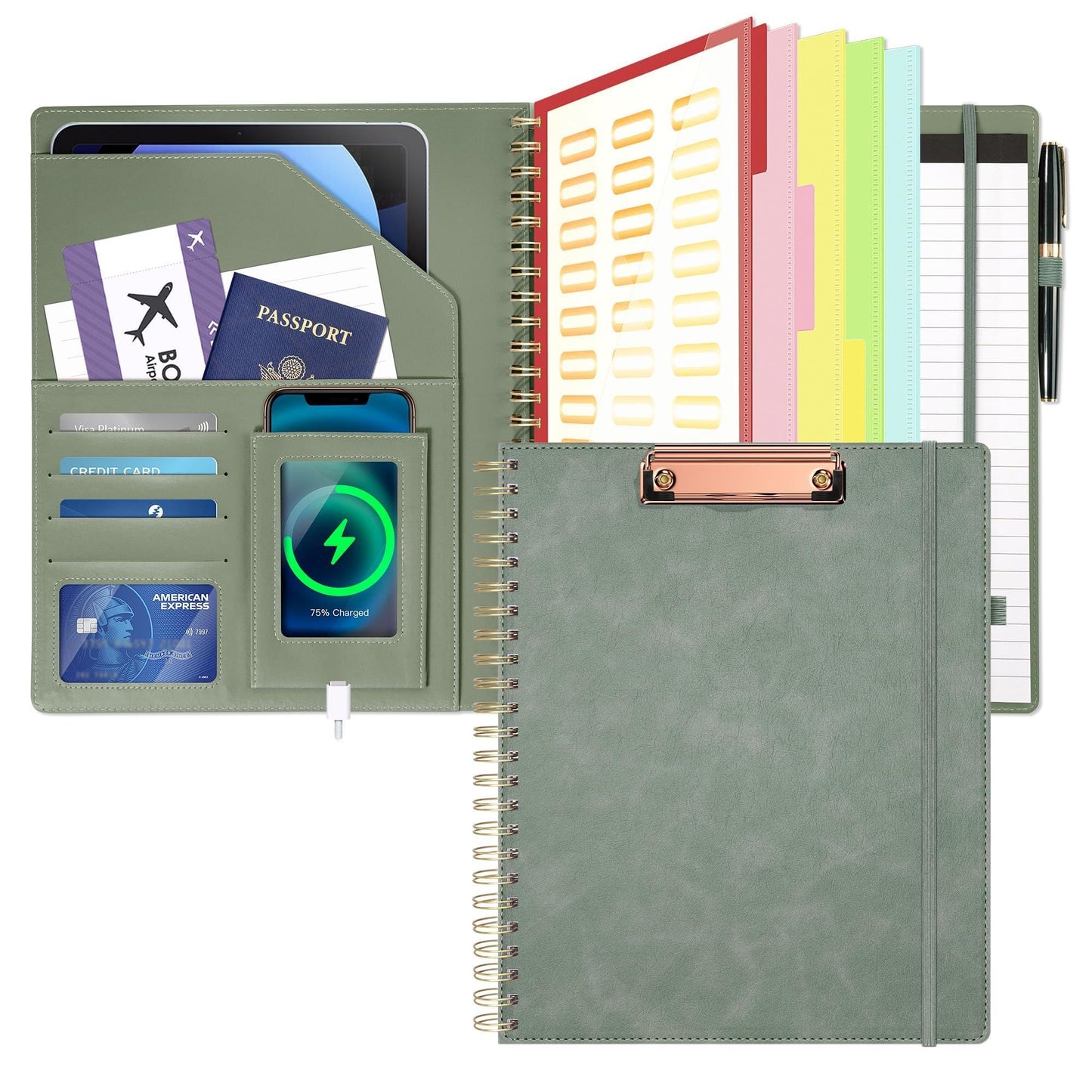 Clipboard with Storage for Men Women, Leather Padfolio Portfolio Organizer 5 Folders with 10 Pockets, Spiral Clipboard Folio with Notepad for Letter Size, Elastic Closure and Pen Loop Sage Green