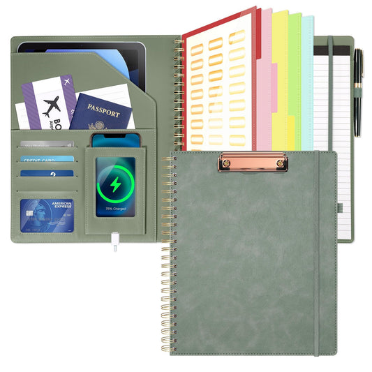 Clipboard with Storage for Men Women, Leather Padfolio Portfolio Organizer 5 Folders with 10 Pockets, Spiral Clipboard Folio with Notepad for Letter Size, Elastic Closure and Pen Loop Sage Green