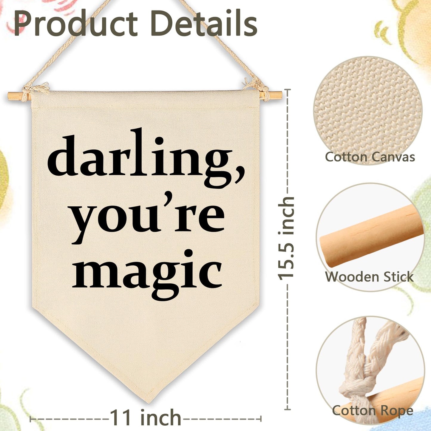 Darling You're Magic - Canvas Hanging Pennant Flag Banner Wall Sign Decor Gift for Nursery Baby Kids Girl Boy Teen Bedroom Playroom Decor- Birthday Christmas Gift