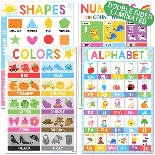 BEAWART ABC Alphabet Posters (Set 4-16'x24'), Color Shape Number Chart for Classroom Decor, Educational Posters, Learning Chart, Homeschool Supplies, Double Laminated